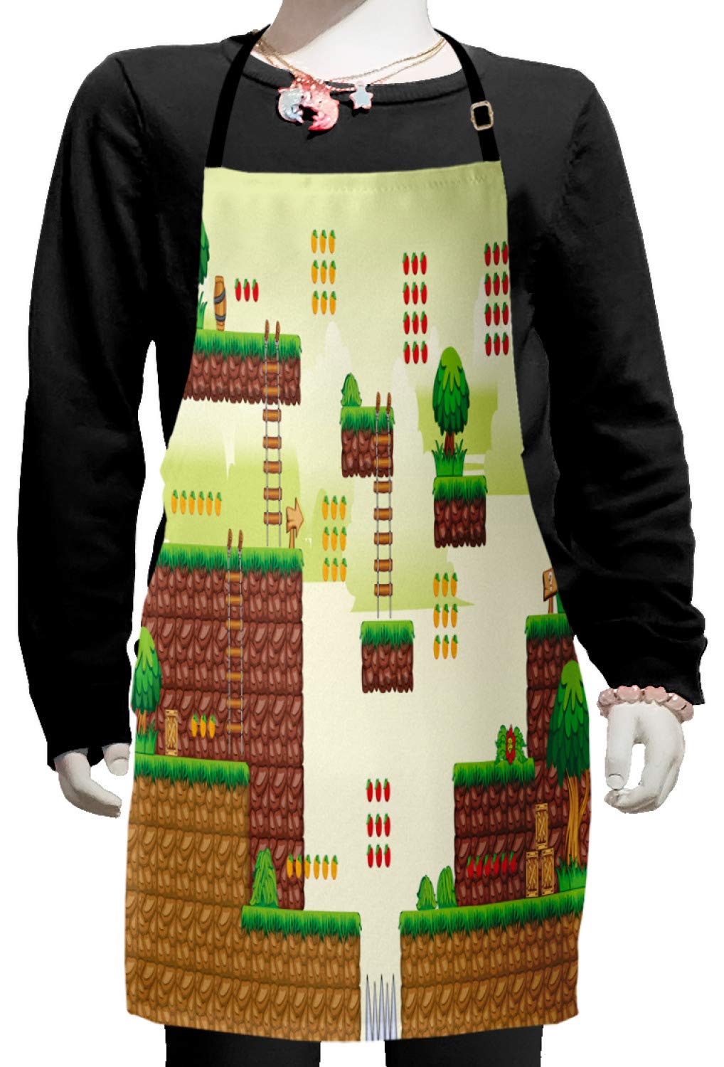 Ambesonne Arcade Apron - Retro Video Game Inspired Kitchen Apron with Adjustable Ties for Cooking, Baking & Painting - Small Size Pale Green Brown - Perfect for Gamers, Home Chefs & DIY Crafters