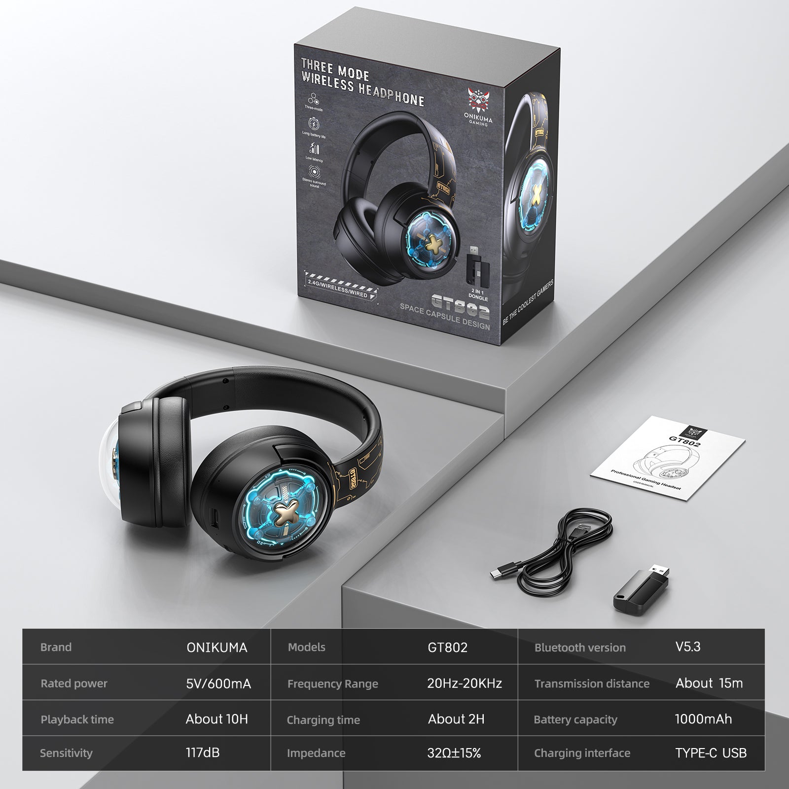 ONIKUMA GT802 Wireless Gaming Headset with Tri-Mode Connectivity (2.4GHz/Bluetooth/Wired), RGB Lighting, 1000mAh Battery - Perfect for PC, PS5, Xbox & Mobile Gaming