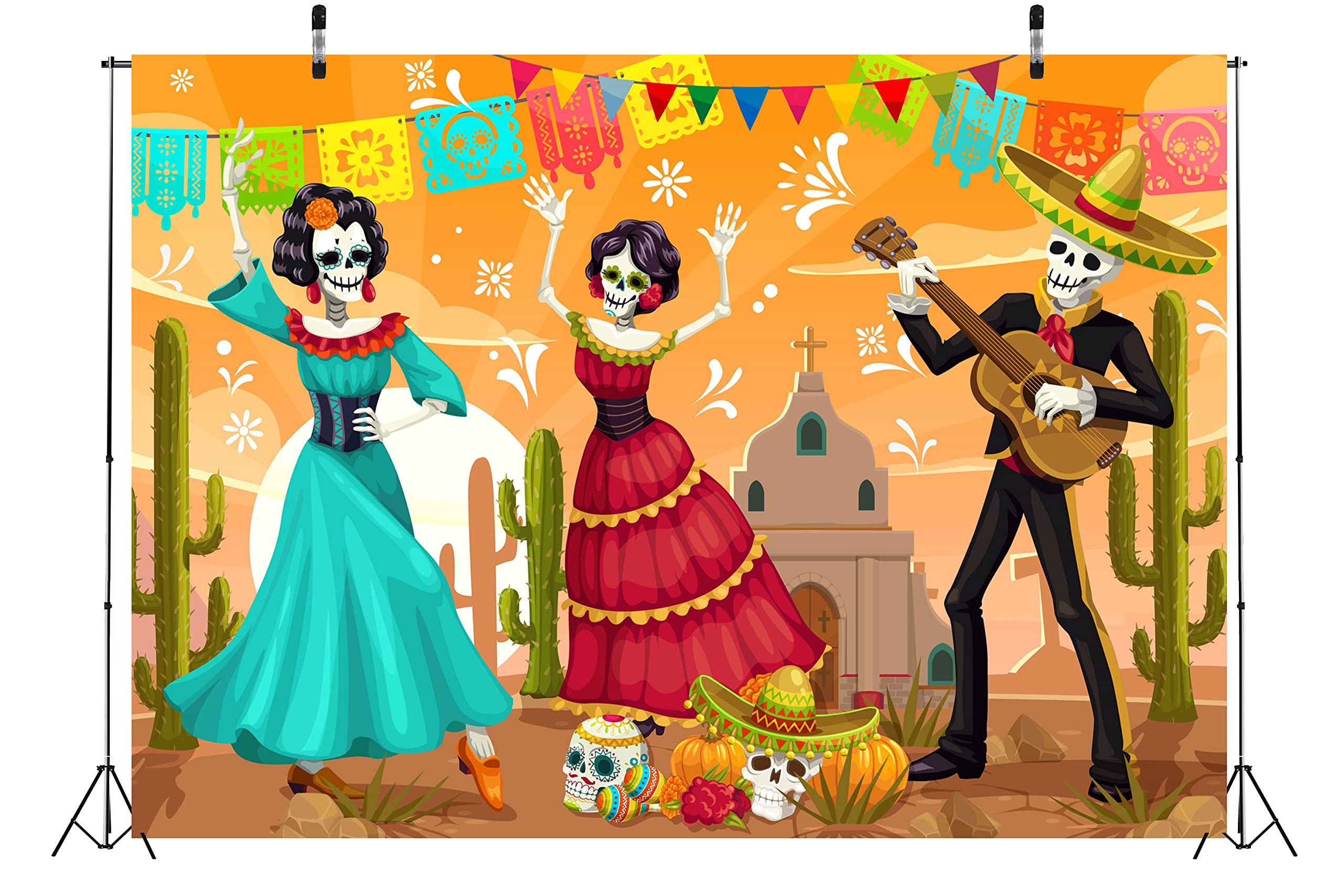 5x3ft Day of The Dead Backdrop - Catrina Skeletons, Flamenco Dancer & Sugar Skull Design with Marigold Flowers - Photography Background for Dia De Los Muertos Party, Fiesta Decor & Photo Props - Perfect for Halloween, Cinco de Mayo & Themed Events