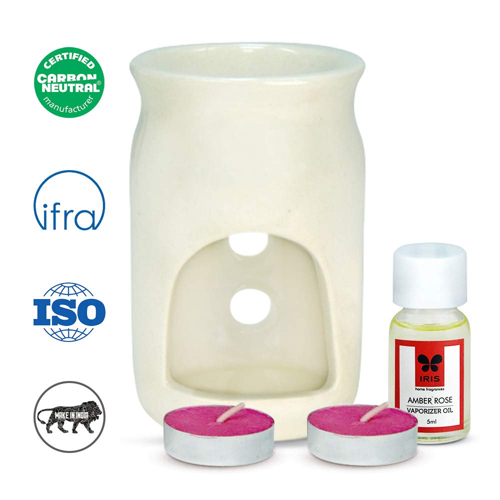 IRIS Amber Rose Aromatherapy Vaporizer Set with 2 Tea Light Candles | Natural Chemical-Free Home Fragrance | Room Freshener & Relaxation Gift (12.3x6.6x15.3cm) | Perfect for Bedroom, Bathroom, Yoga Studio & Spa | Made in India