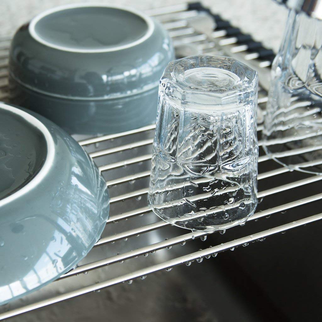 SCILLA Stainless Steel Roll Up Foldable Over The Sink Dish Drying Rack - Adjustable Multipurpose Drainer for Washing Dishes, Utensils, Crockery, Fruits & Vegetables - Space Saving Kitchen Organizer (Multicolor) - Perfect for Small Kitchens, RVs, Camping & Dorm Rooms