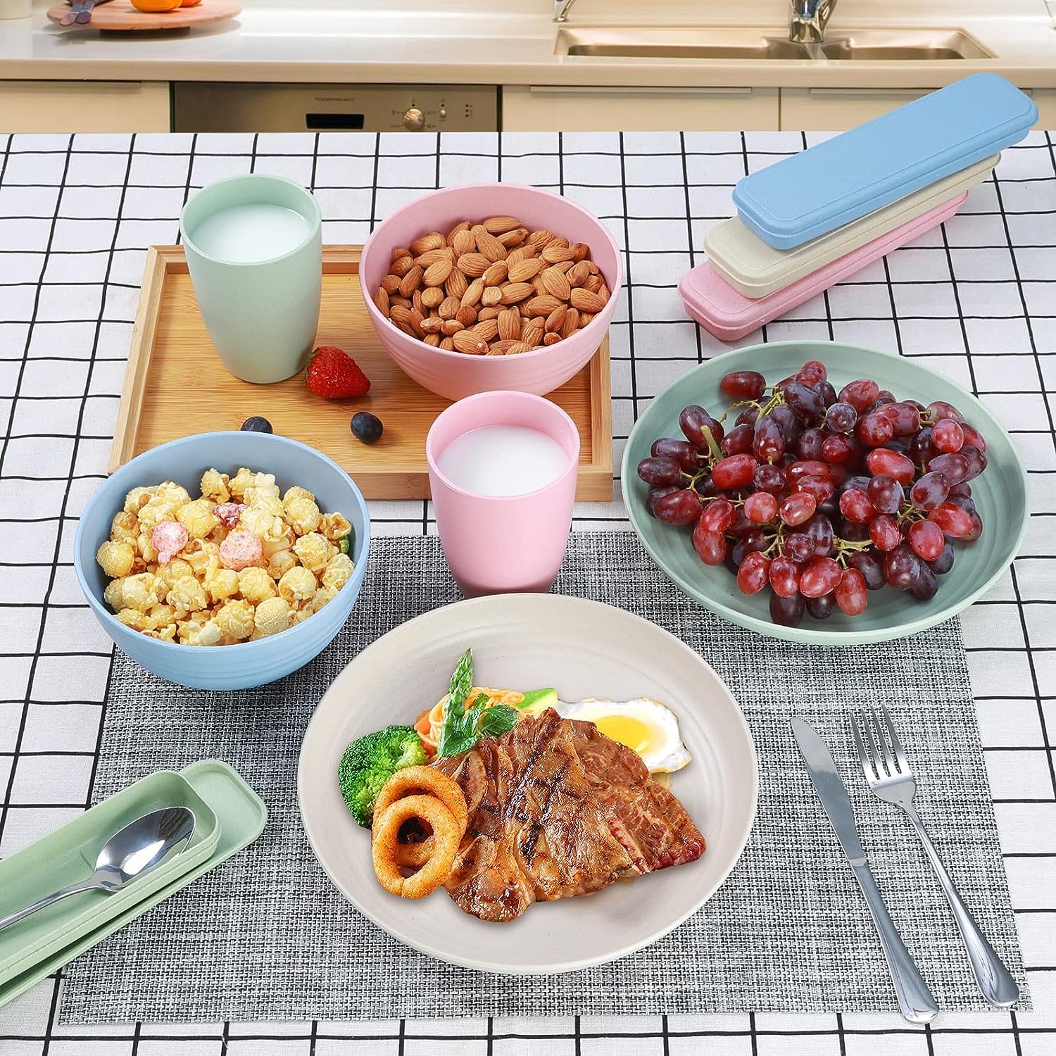 28-Piece Eco-Friendly Wheat Straw Dinnerware Set for 4 - Durable Plates, Bowls & Cutlery in Gray | Perfect for College Dorms, Picnics & Sustainable Kitchens