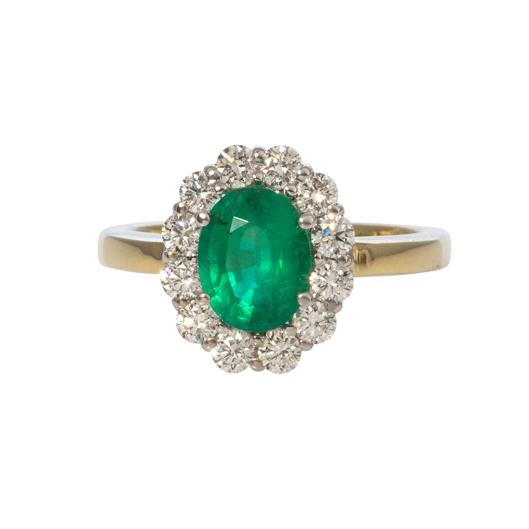 18K Two-Tone Gold Oval Emerald & Diamond Cluster Ring for Women - Elegant Jewelry Gift for Engagement, Wedding, Anniversary & Special Occasions