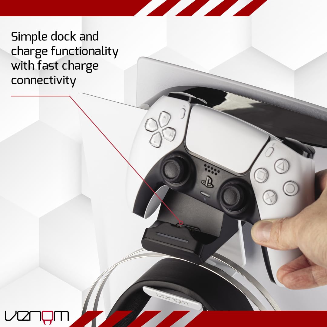 Venom PS5 Stealth Charging Dock & Headset Stand - Dual Controller Charger with LED Indicators for PlayStation 5 - Perfect for Gaming Setups & Organized Playstations