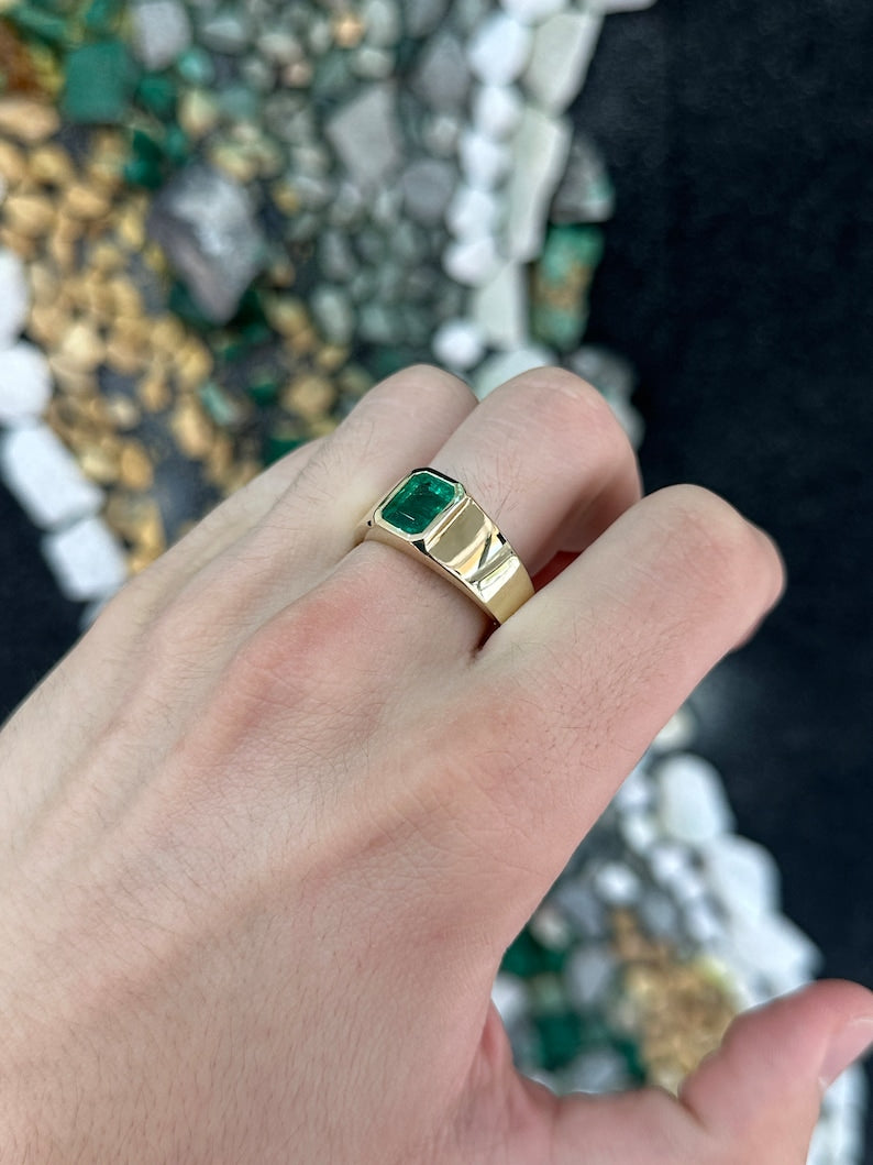 2.65ct 14K Gold Men's Emerald Cut Green Gemstone Ring - Dark Green North to South Set Wedding Band for Men, Perfect for Engagement, Anniversary & Special Occasions