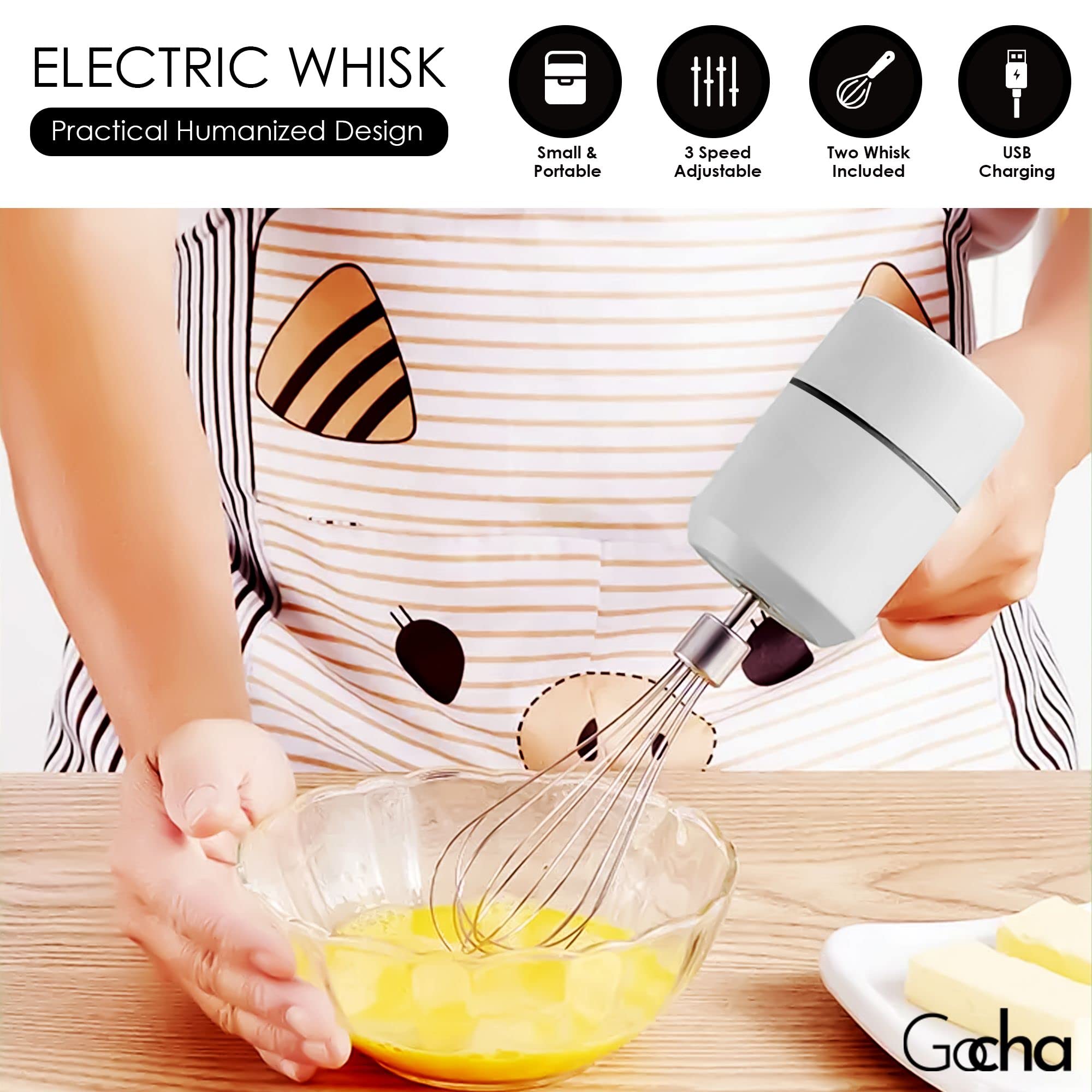 Electric Hand Mixer - 3 Speed Cordless Handheld Whisk for Baking, Eggs, Cream & Batters | Rechargeable Wireless Mixer with Dual Whisks | Perfect for Kitchen, Camping & Small Spaces (White)