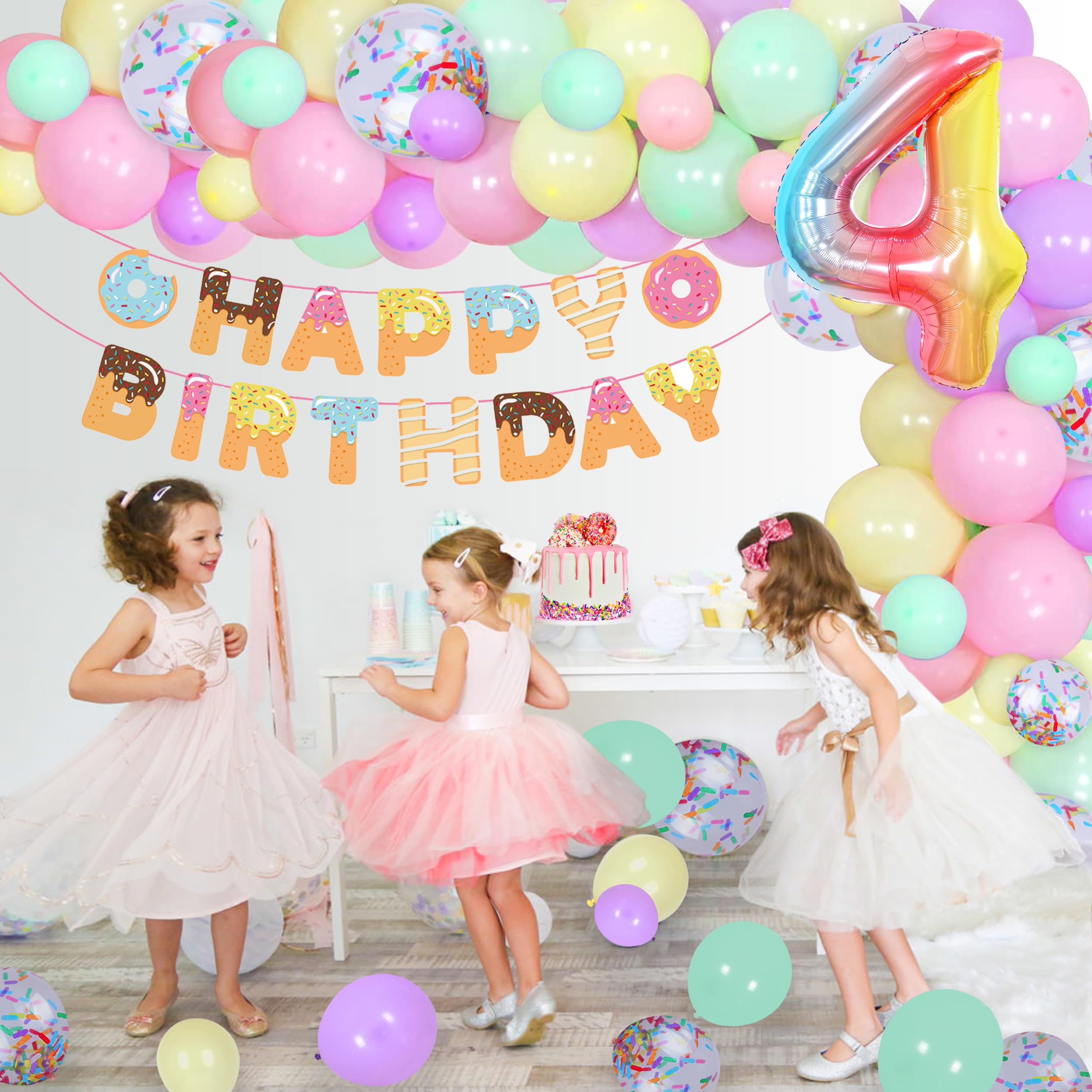 Donut 4th Birthday Party Decorations Set - Four Ever Sweet Theme for Girls, Doughnut Balloon Arch & Happy Birthday Banner - Perfect for 4 Year Old's Party, Baby Shower, or Dessert-Themed Celebration