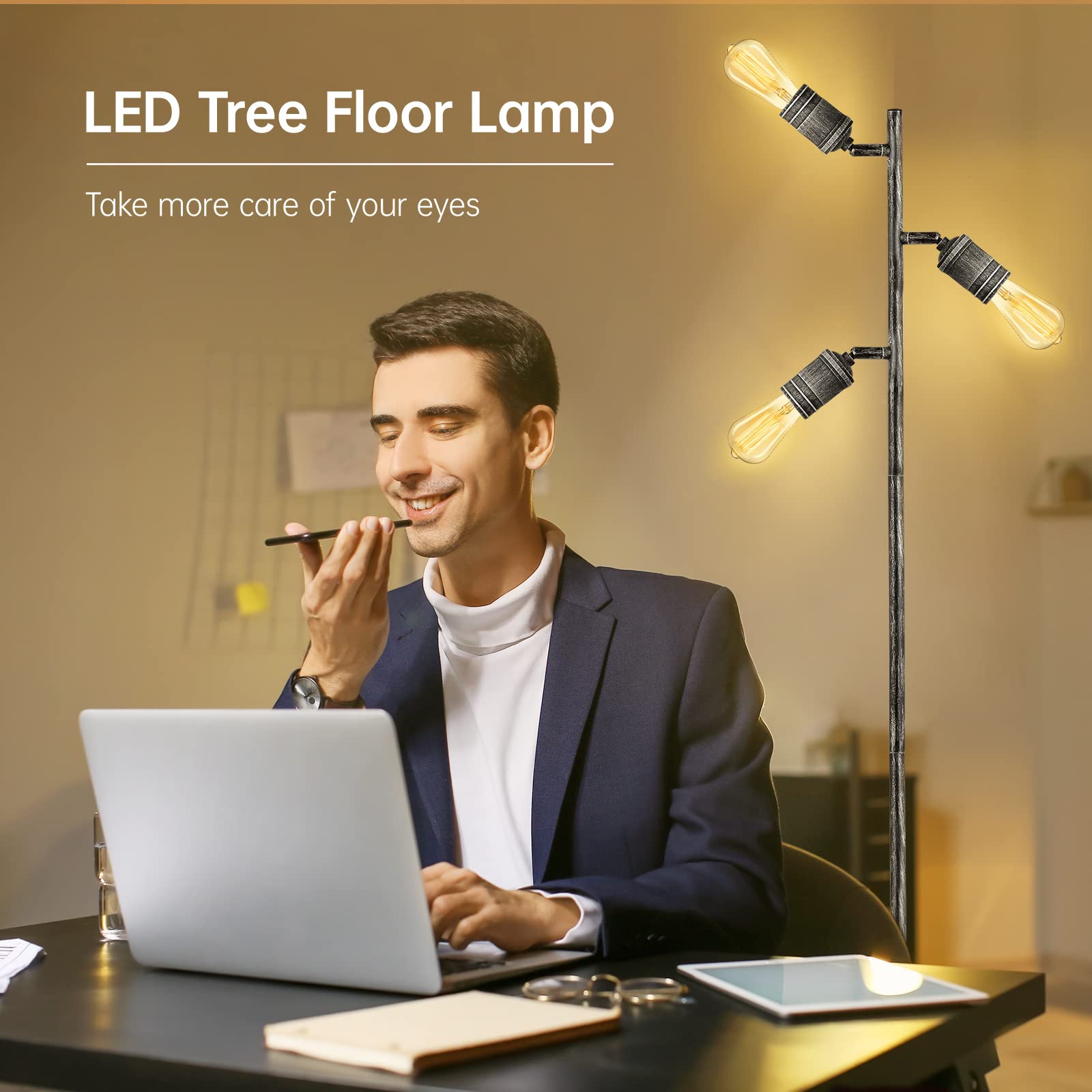 Industrial Floor Lamp - Rustic Silver Tree Standing Lamp with 3 Adjustable Rotating Lights, E26 Edison Bulb Base (Bulb Not Included) for Living Room, Bedroom, Office & Home Decor | Perfect for Reading Nook, Workspace Lighting & Modern Interior Design
