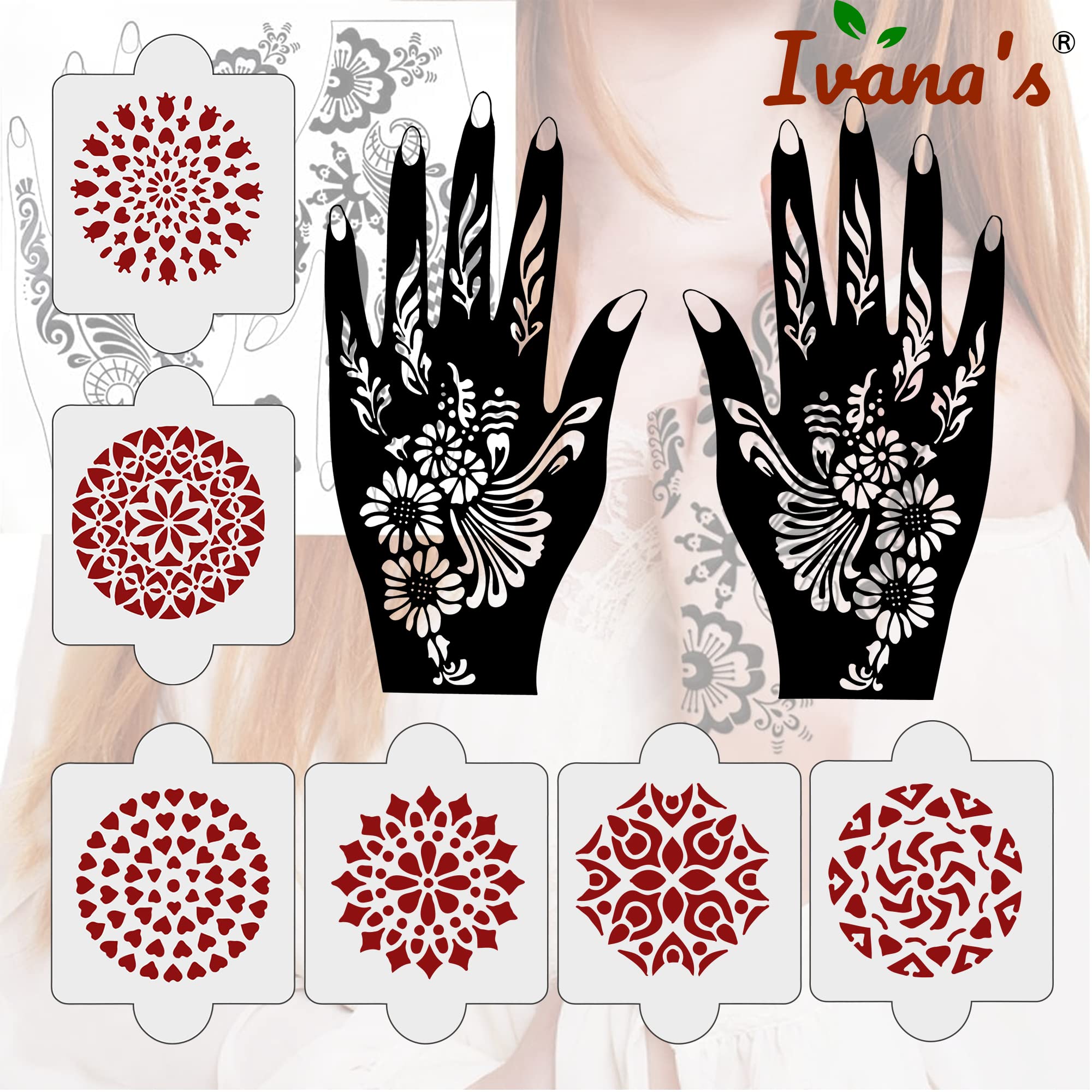 8 Pcs Henna Stencil Kit - 2 Henna Tattoo Stencils + 6 Reusable PVC Laser Cut Stencils for Women, Girls & Kids | Easy Application Mehandi Stickers for Full Hand Designs | Perfect for Weddings, Festivals & DIY Body Art
