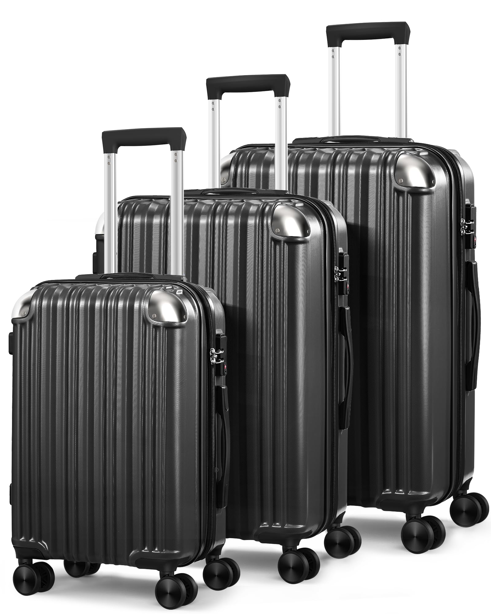 Expandable 3-Piece Hard Shell Spinner Luggage Set - 20/24/28 Inch Carry-on & Checked Suitcases (Black) | Perfect for Family Travel, Business Trips & International Vacations