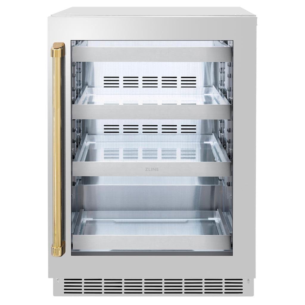 ZLINE Autograph Edition 24 Inch Touchstone 151 Beverage Refrigerator - Stainless Steel Glass Door with Polished Gold Handle - Compact Wine & Beer Cooler for Home Bar, Kitchen, or Office (RBSOZ GS 24 G)