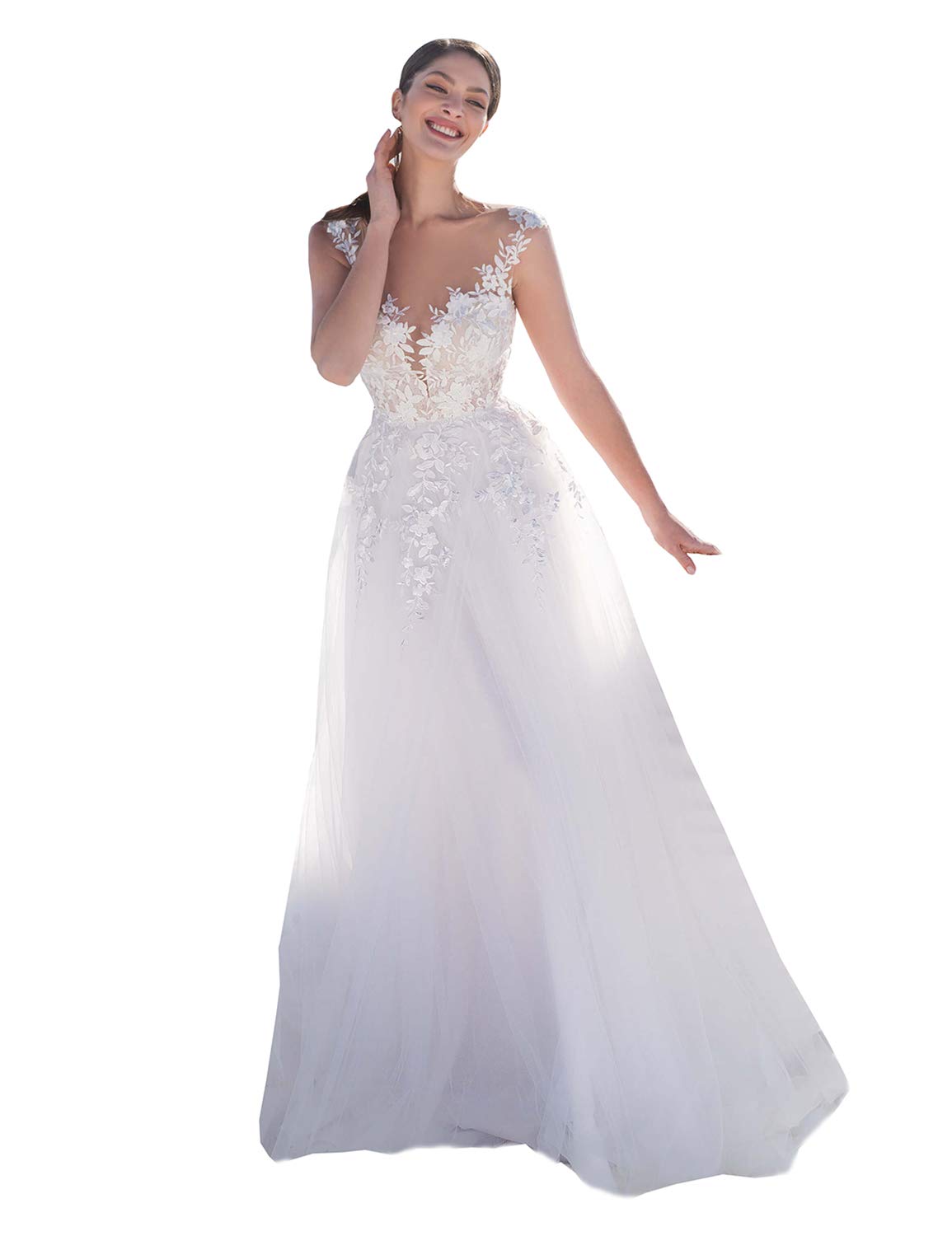 Elegant Ivory Boho Beach Wedding Dress for Women - Simple Long A-Line Lace Bridal Gown | Perfect for Beach Ceremonies, Destination Weddings & Romantic Photos