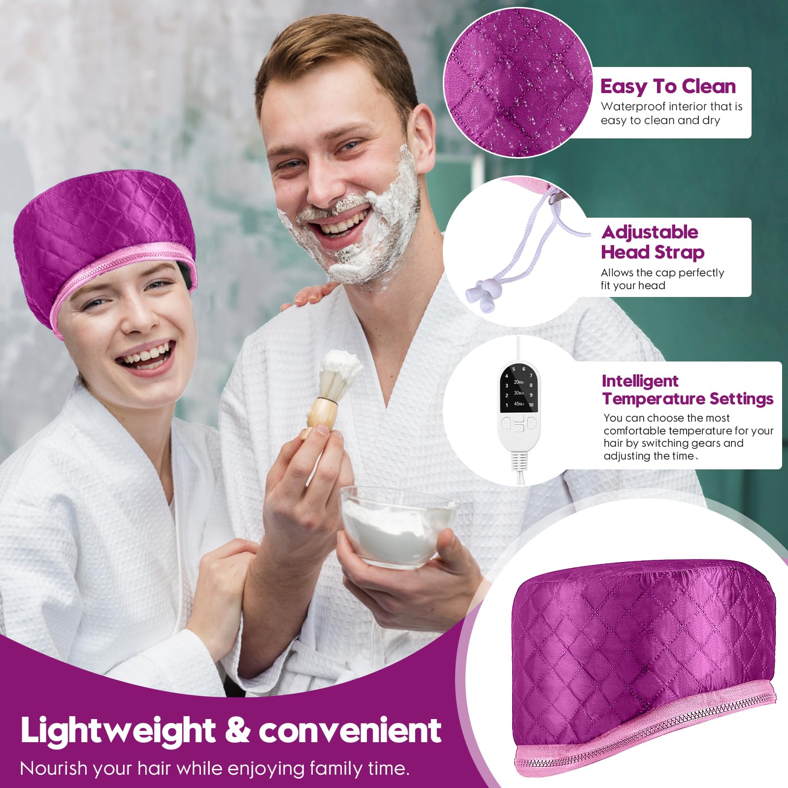 Professional Electric Hair Steamer for Deep Conditioning & Heat Therapy - 10-Level Adjustable Heat with Timer, Fast Heating Thermal Cap for Natural Hair Care at Home - Perfect for Hair Spa, Moisturizing Treatments & Scalp Relaxation (Purple)