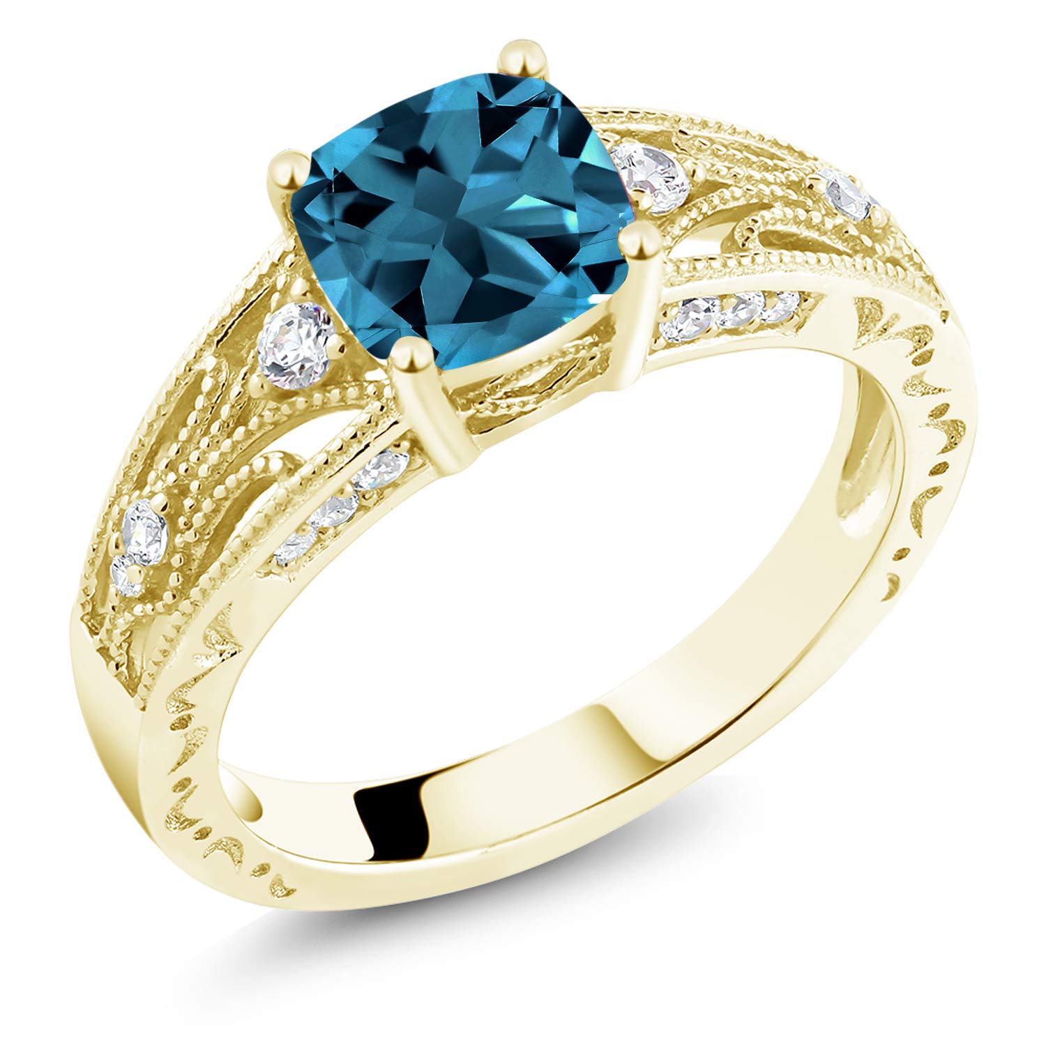 1.34 Ct Cushion London Blue Topaz Ring - 18K Yellow Gold Plated Sterling Silver Jewelry for Women, Elegant Engagement & Wedding Gift, Perfect for Anniversary, Valentine's Day & Special Occasions