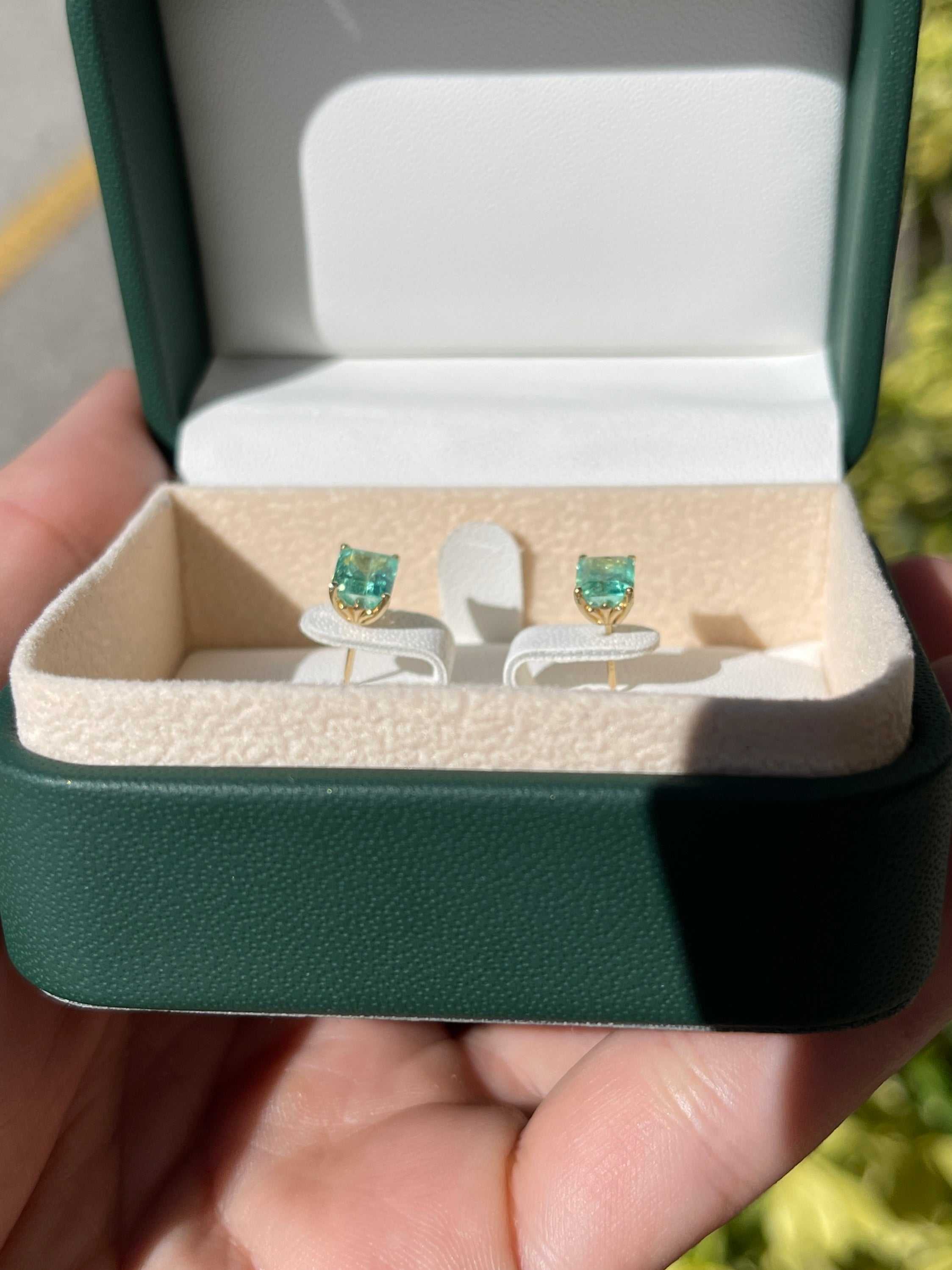 1.80tcw Elongated Emerald Cut Spring Green Fleur De Lis Stud Earrings in 14K Gold - Elegant Jewelry for Weddings, Parties & Special Occasions