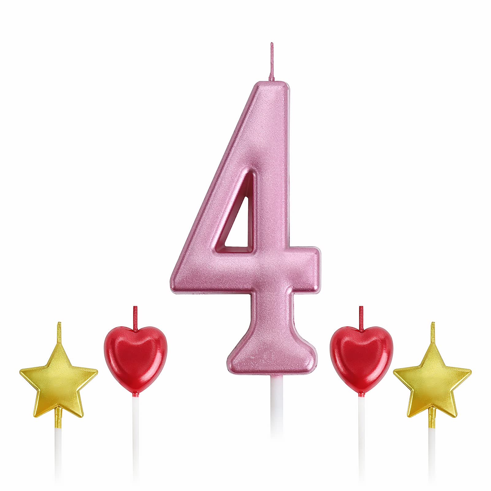 4 Pink Birthday Candles with Star & Heart Toppers for Cakes - Party Decor