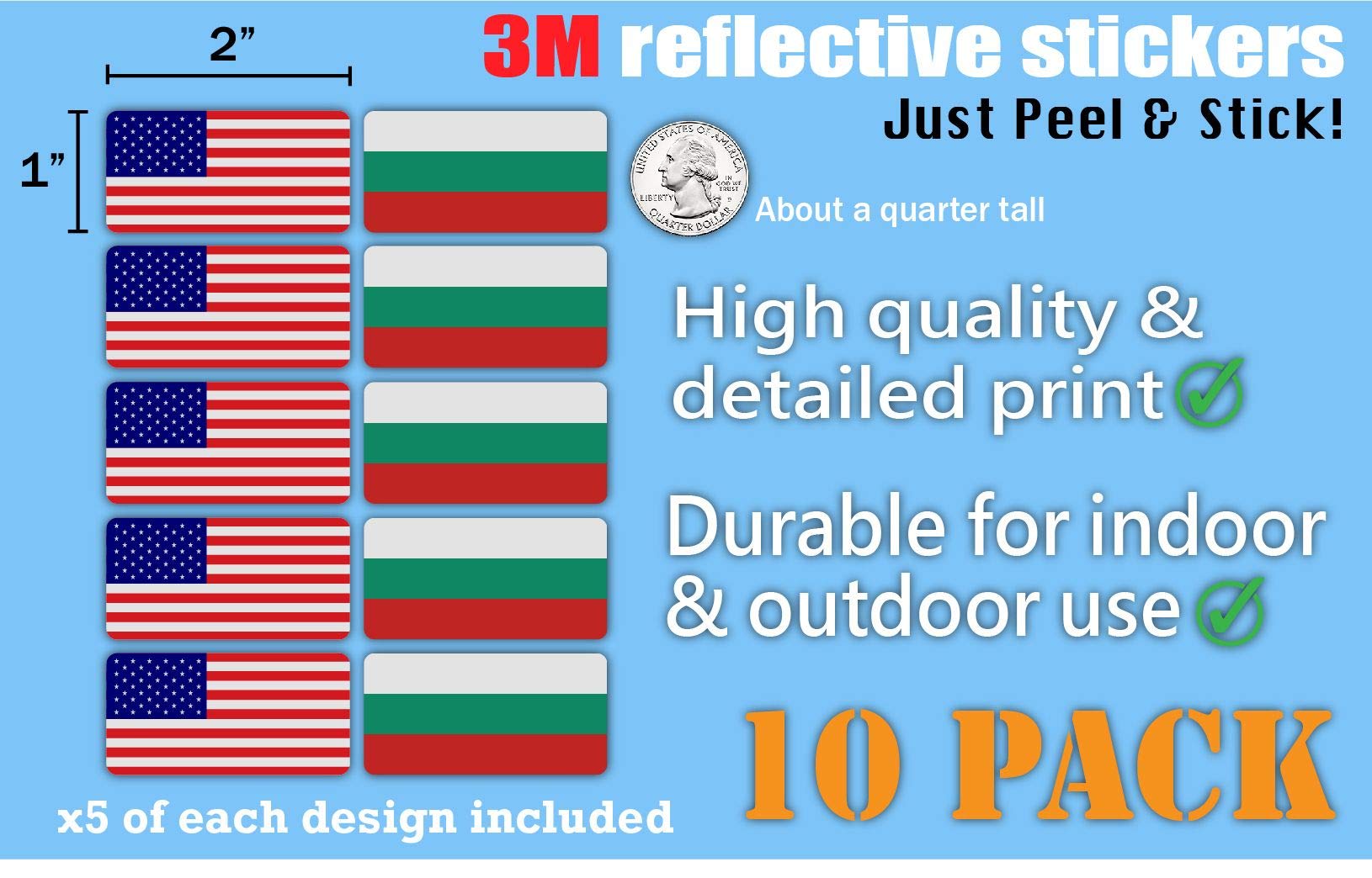 10-Pack 3M Reflective Bulgaria & USA Flag Decals - High Visibility Safety Stickers for Hard Hats, Helmets, Laptops, Bikes, Toolboxes - Perfect for Construction, Cycling, Work Safety & Patriotic Displays