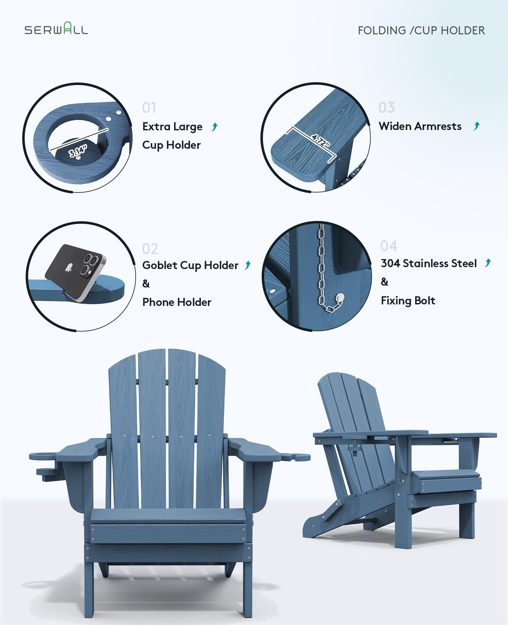 SERWALL Folding Adirondack Chair Set of 4 - HDPE Plastic Outdoor Patio Furniture with Real Wood Look - Navy Blue - Perfect for Backyard, Poolside, and Garden Relaxation