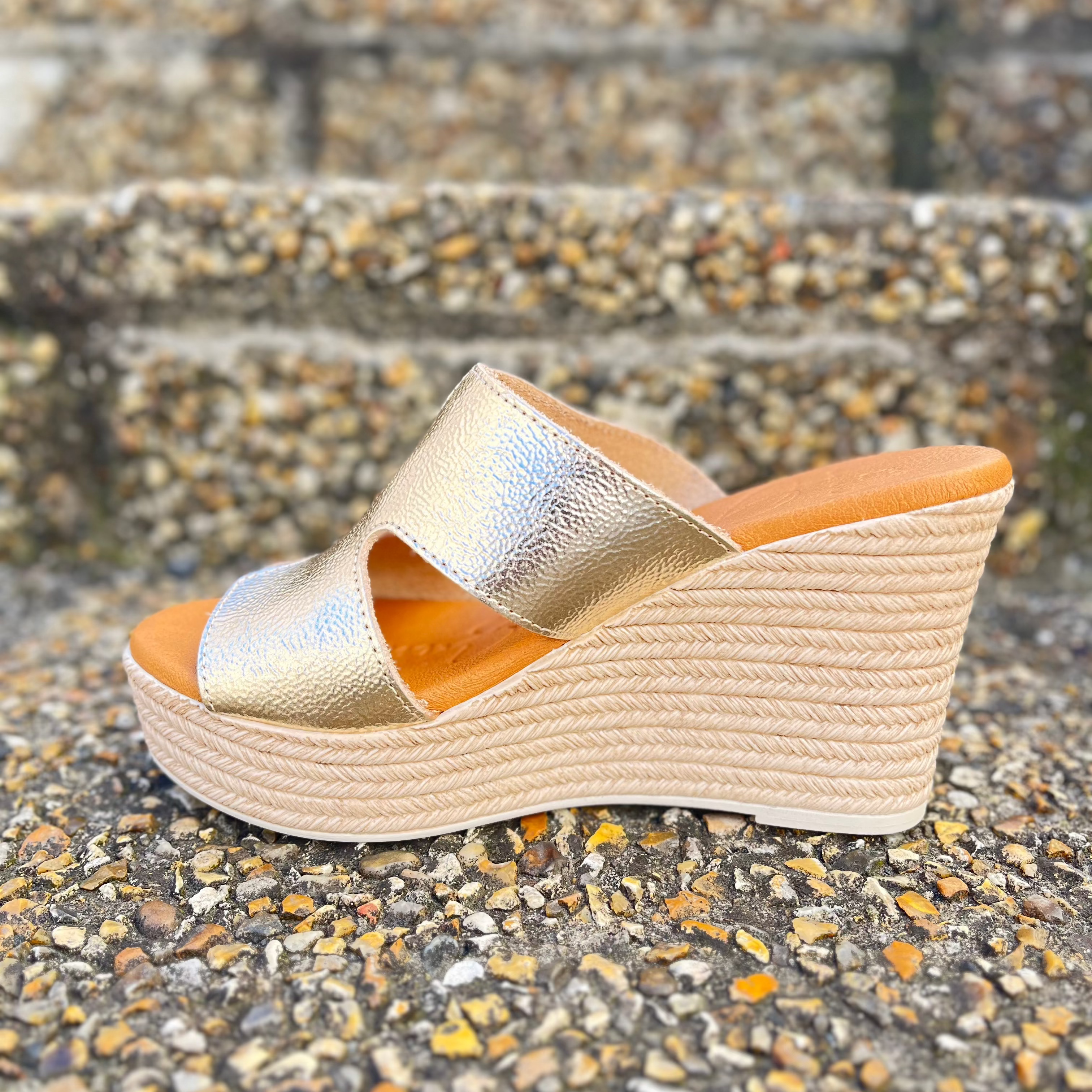 OH MY SANDALS Women's Gold High Wedge Mule Sandals 5725 - Comfortable Summer Slide Shoes for Beach, Pool Party & Casual Outings