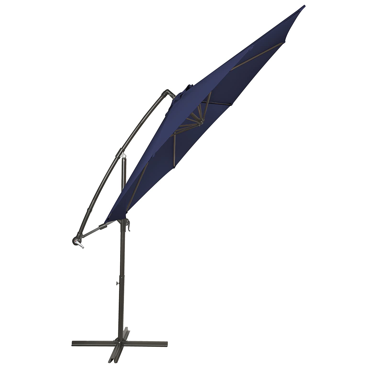 10 Ft Navy Blue Outdoor Cantilever Patio Umbrella with Crank & Cross Base - 8 Ribs, Offset Hanging Market Umbrella for Poolside, Deck, Garden, and Backyard Relaxation