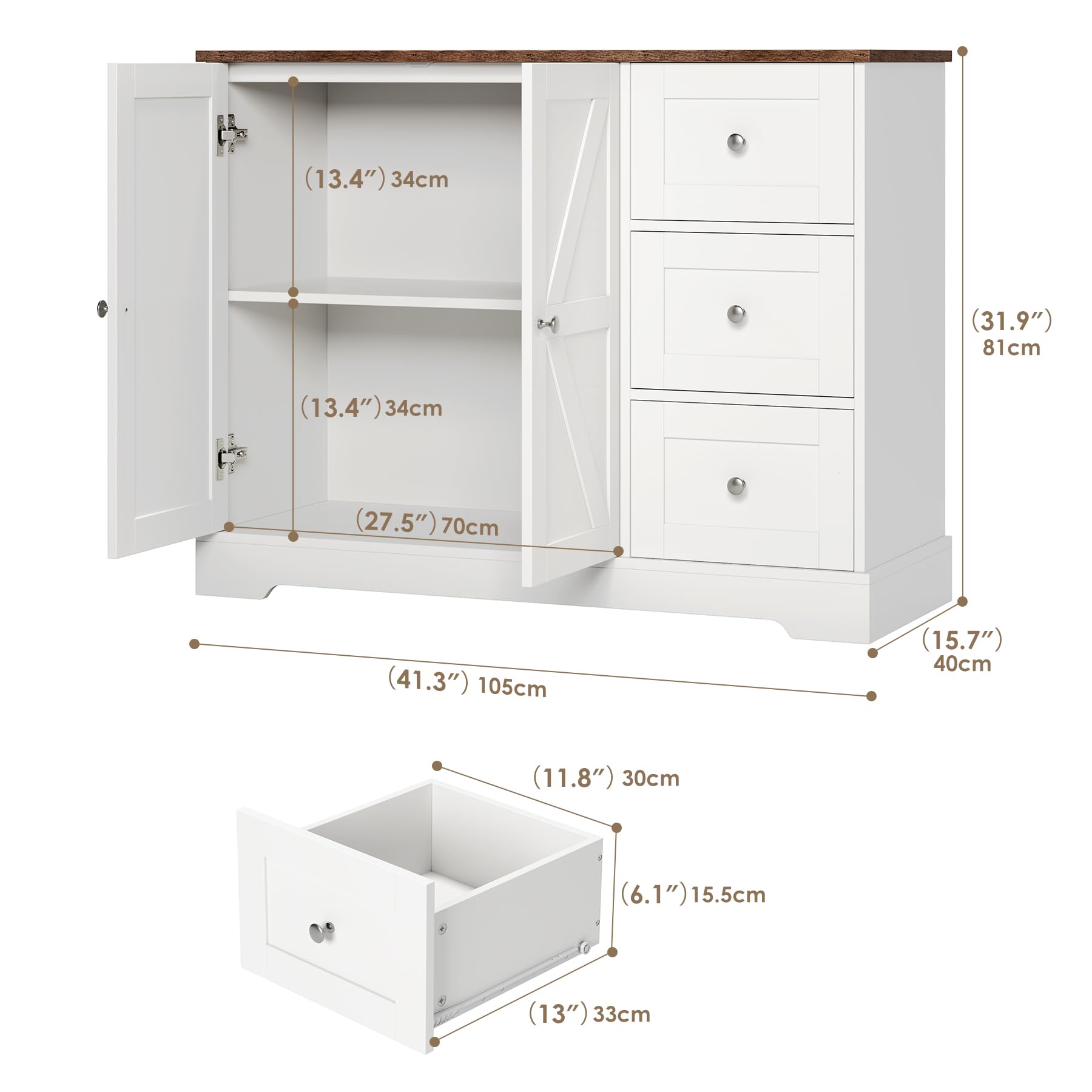 Farmhouse Style Sideboard Buffet Cabinet with Storage - 41.5 Inch White Kitchen Storage Cabinet with 3 Drawers & Open Shelves, Coffee Bar Organizer with Barn Doors - Perfect for Kitchen, Dining Room, Hallway or Entryway Storage Solution