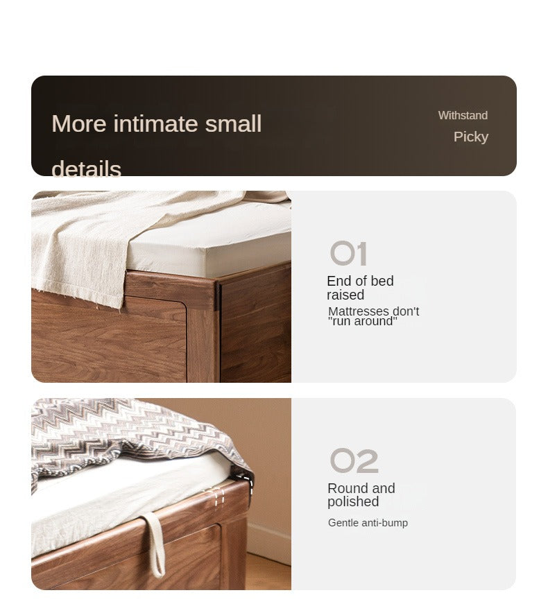 Solid Black Walnut Wood Leather-Upholstered Drawer Box Bed - Nordic Style Platform Bed with Storage for Modern Bedroom