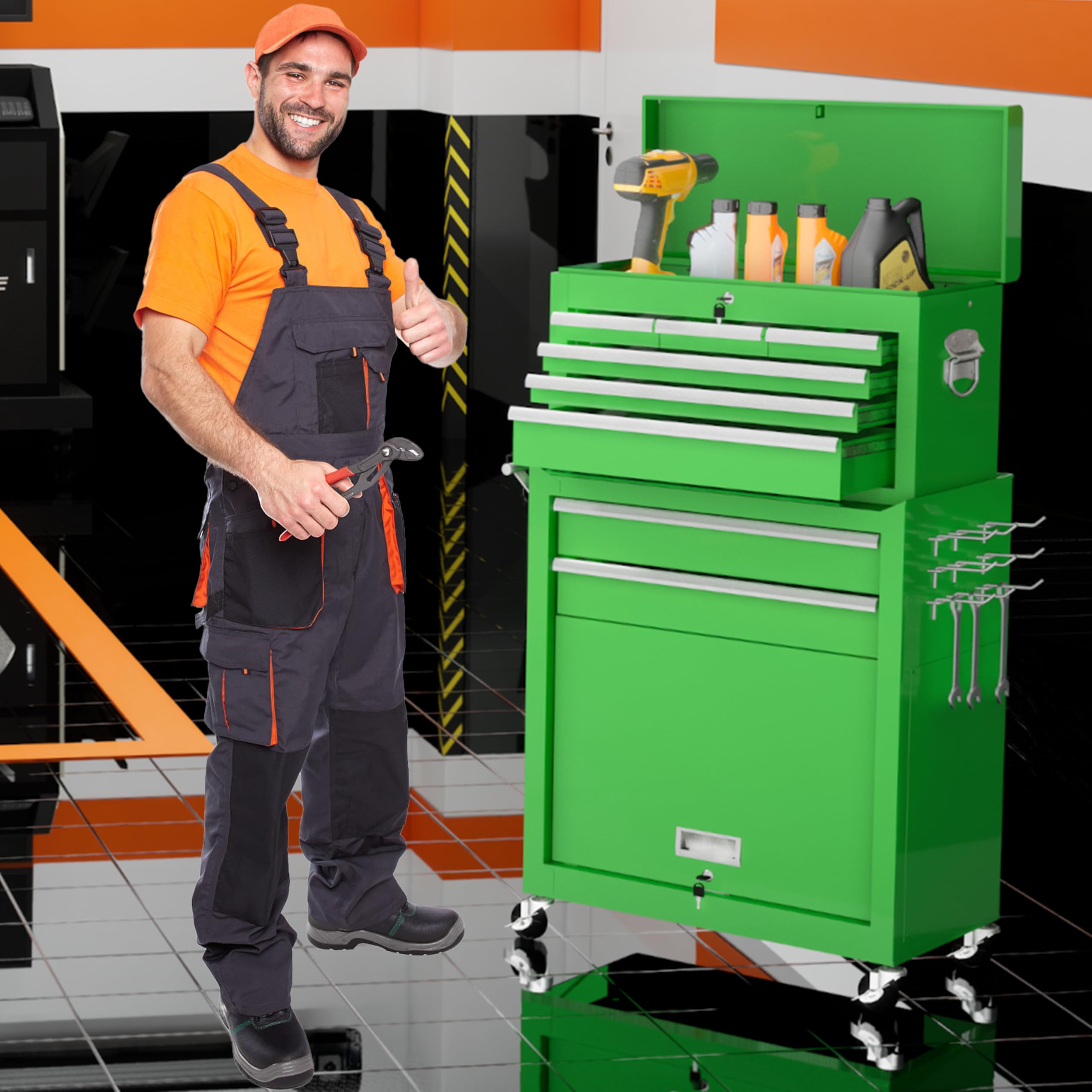 Heavy-Duty 8-Drawer Rolling Tool Chest with Wheels - Large Metal Tool Box Organizer with Lock for Garage, Workshop & Warehouse - Durable Tool Cart for Mechanics & DIY Projects (Green) - Perfect for Automotive Repair, Home Improvement & Professional Workspaces