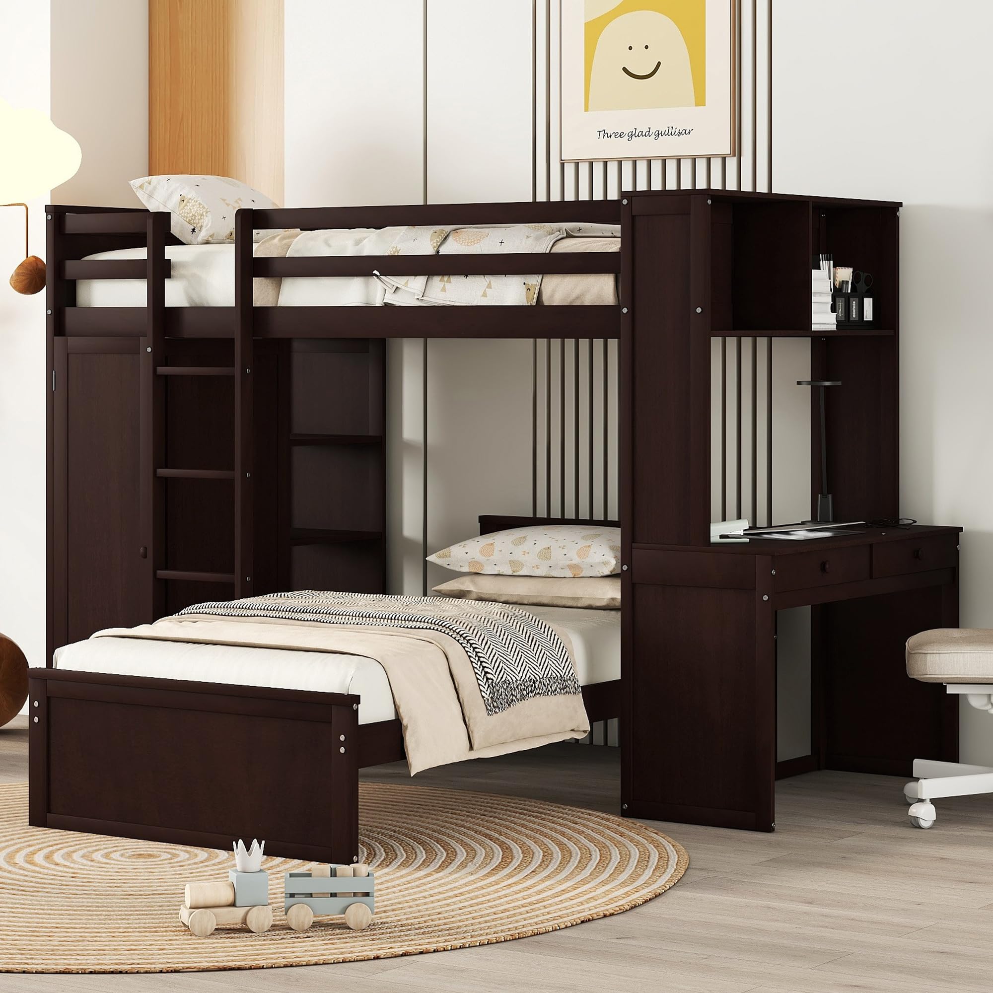 Twin Over Twin Bunk Beds with Desk & Storage - Wooden Loft Bed with Removable Twin Bed, Wardrobe, Shelves, Ladder & Guardrails for Kids - Space-Saving Bedroom Solution for Small Rooms, Dorms or Shared Kids' Rooms (Espresso Finish)