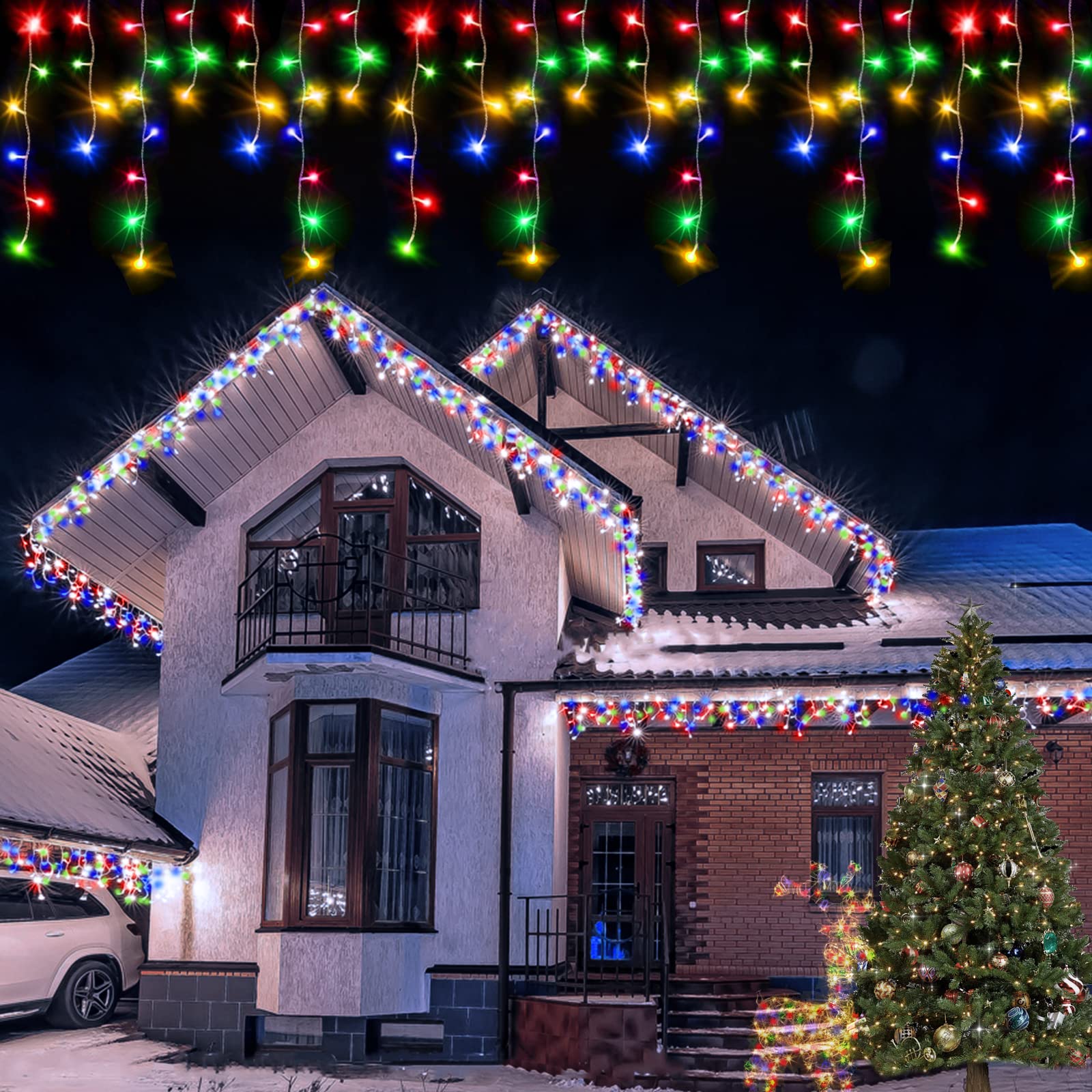 480 LED Icicle Christmas Lights - 39FT String Lights with 96 Drops & 8 Lighting Modes | Waterproof Outdoor/Indoor Fairy Lights for Holiday Decorations, Wedding, Patio, Bedroom, Window Curtain (Multicolor) - Perfect for Christmas Tree, Party, Garden, and Home Decoration