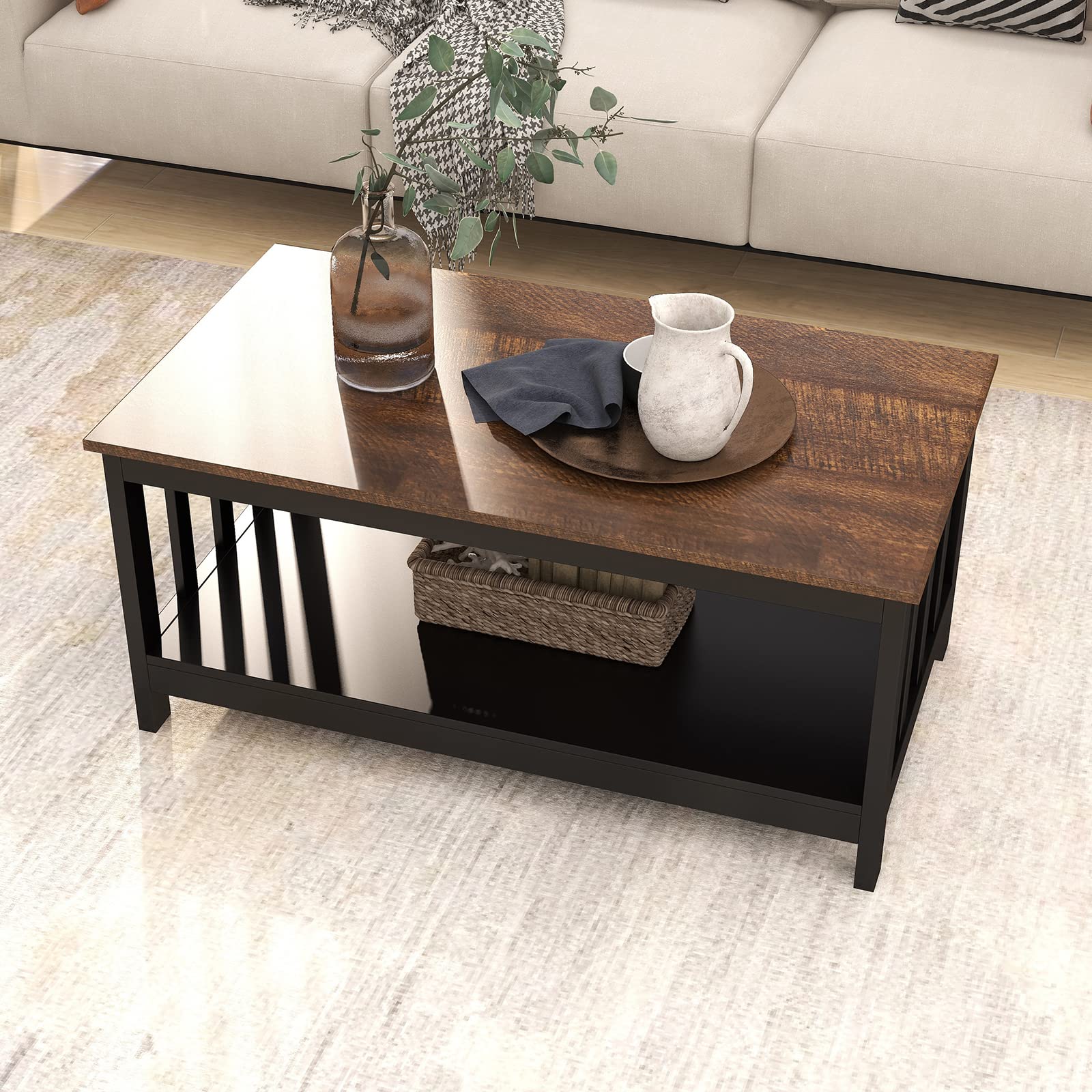ChooChoo Farmhouse Coffee Table - 40 Inch Rustic Black Wooden Living Room Table with Storage Shelf | Perfect for Small Spaces, Farmhouse Decor & Cozy Living Rooms