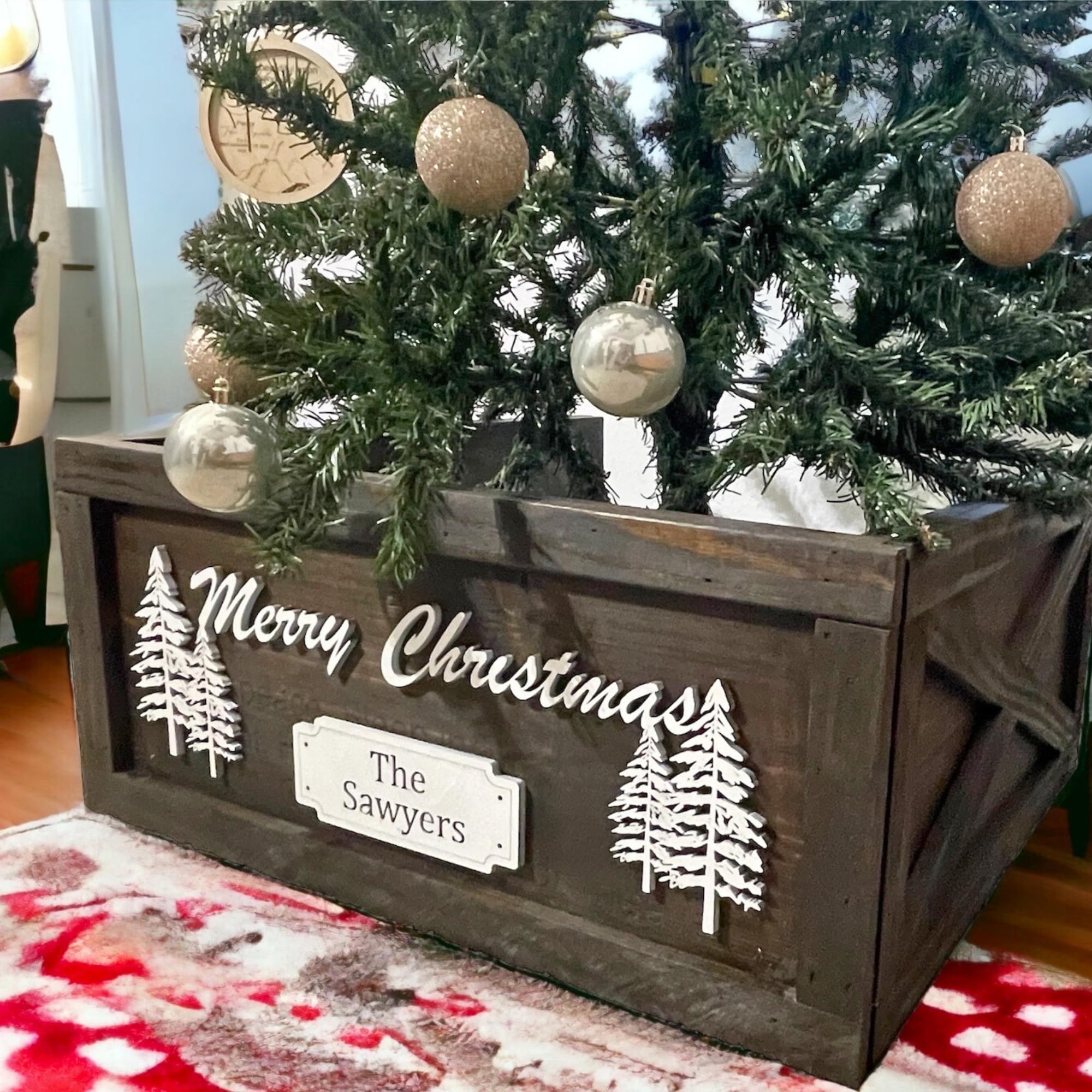 Foldable Christmas Tree Collar Box - Rustic Farmhouse Holiday Decor for Xmas Tree Base | Personalized Collapsible Tree Skirt Alternative | Perfect for Living Room, Porch & Festive Home Decor