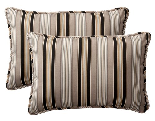 Set of 2 Black & Tan Striped Outdoor Throw Pillows - 24.5 Inch Rectangular Corded Cushions for Patio Furniture, Deck Chairs & Porch Decor | Weather-Resistant Pillow Covers