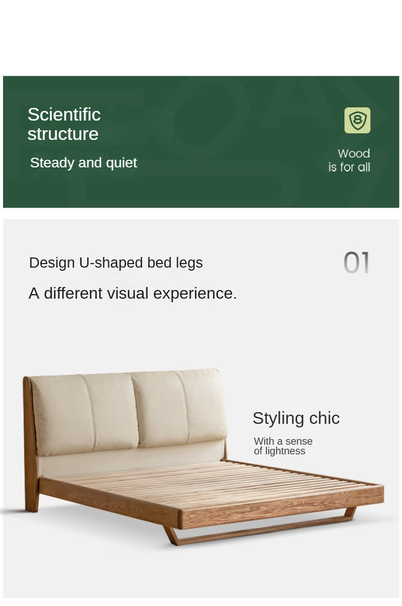 Italian Light Luxury Oak & Ash Solid Wood Leather Upholstered Suspended Bed - Elegant Master Bedroom Furniture for Modern Home Decor