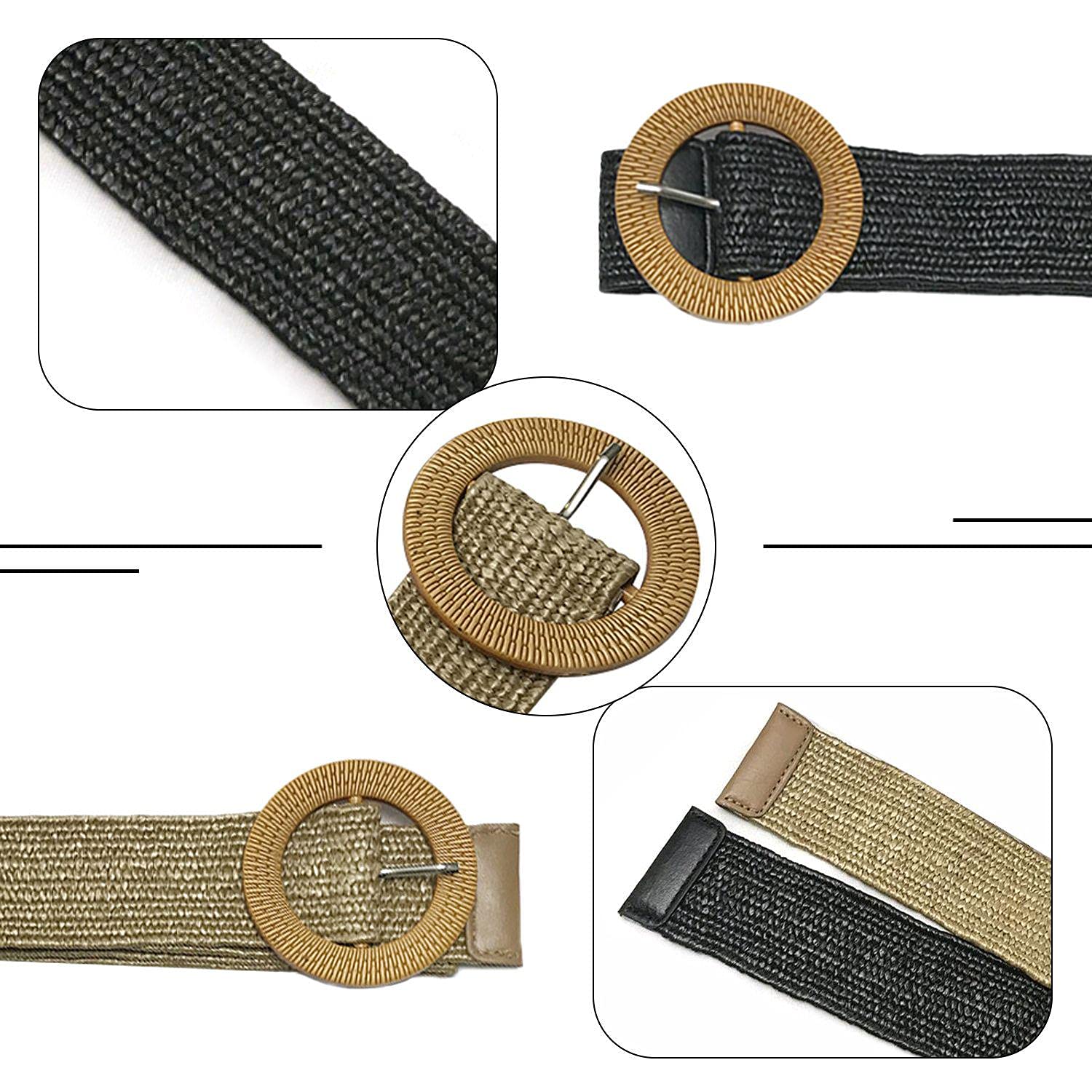2 Pack Knitted Straw Elastic Belts for Women - Adjustable Waist Belt for Dresses, Jeans & Sweaters - Black & Khaki - Perfect for Casual Outfits, Office Wear & Summer Fashion