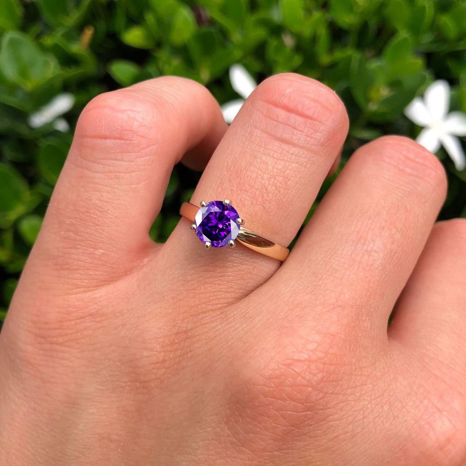 14K White Gold Art Deco Round Solitaire Amethyst CZ Vintage Style Ring for Women - Elegant Purple Gemstone Engagement, Wedding & Anniversary Jewelry Gift