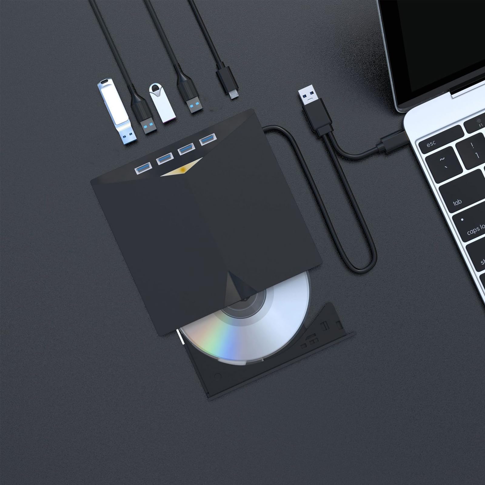 JSGHGDF 7-Port USB C External DVD Drive for Laptop - Portable CD/DVD Burner Writer with USB 3.0, Card Reader & Fast Data Transfer - Perfect for Home Office, Travel & Media Backup