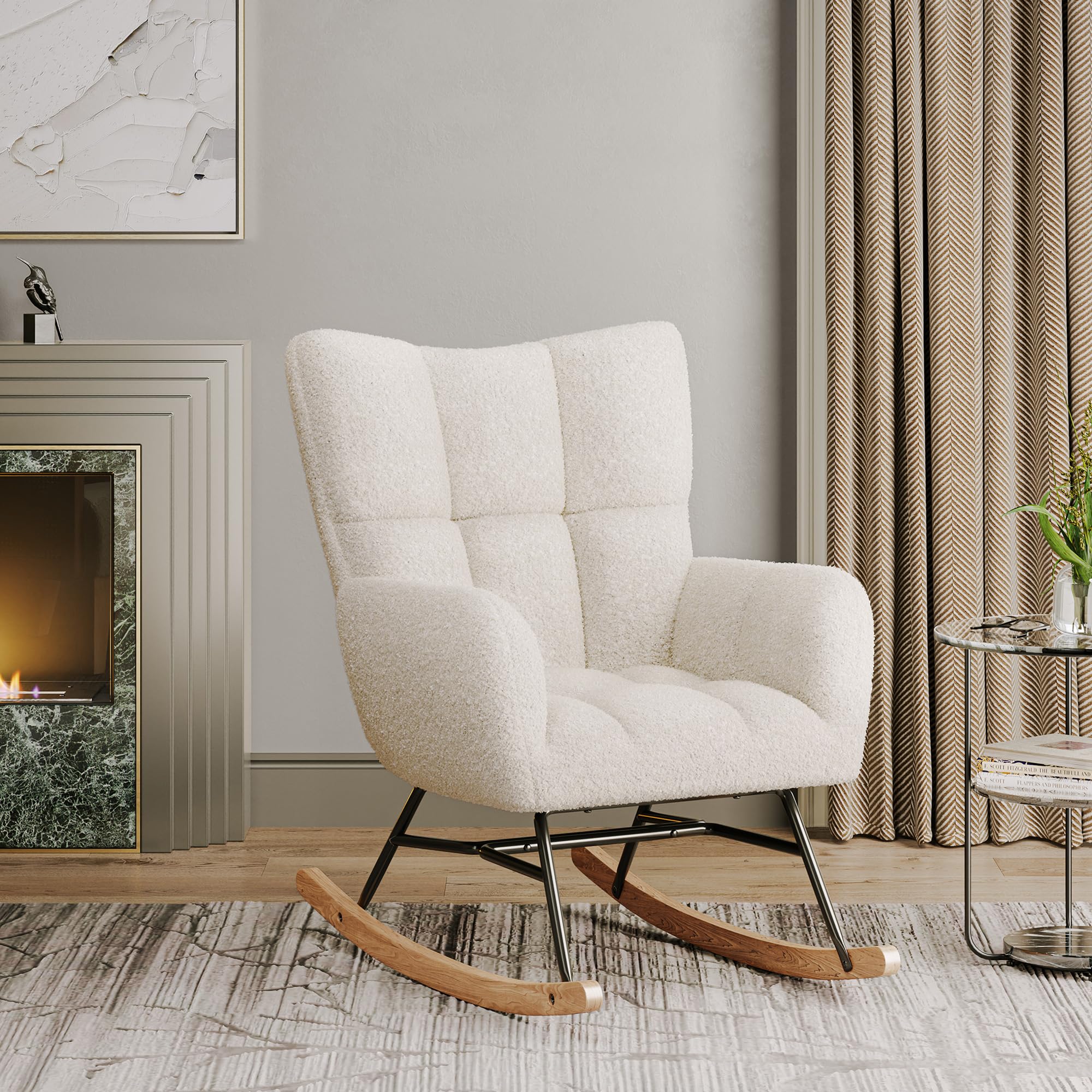 BELLEZE Upholstered Rocking Glider Chair with Cushioned Back & Armrests - Wide Seat Nursery Rocker for Bedroom, Living Room, Office - Perfect for Nursing, Relaxing & Reading (Lucy - White)