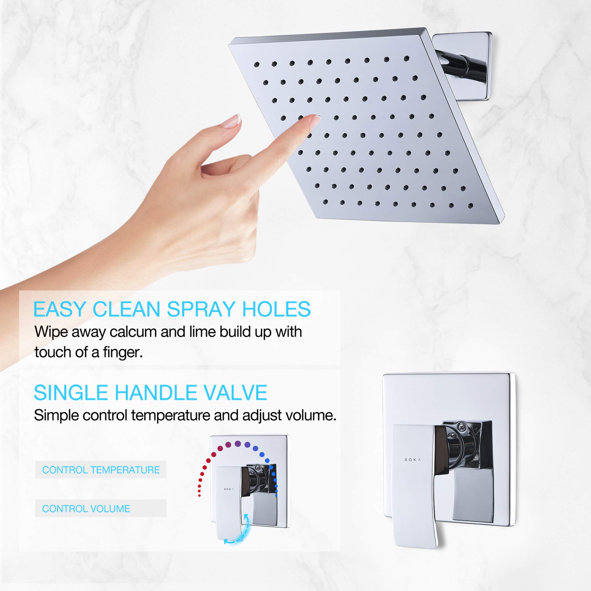 SOKA 8 Inch Rainfall Shower System - Chrome Single Function Shower Faucet Set with Pressure Balance Valve & Square Shower Head - Perfect for Modern Bathroom & Spa-Like Shower Experience