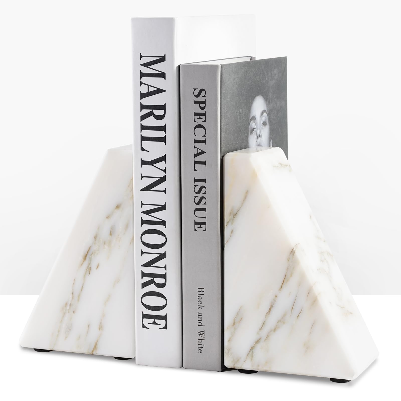 Premium White Marble Bookends Set of 2 - Heavy Duty Decorative Book Stoppers for Shelves | Natural Calacatta Marble Bookends for Home Office & Library Organization | Perfect Gift for Book Lovers & Home Decor