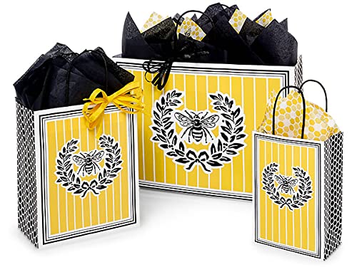 Rustic Pearl Collection Bee Gift Bags with Handles - Pack of 75 Assorted Sizes (Small, Medium, Large) - Elegant Bulk Paper Gift Bags for Christmas, Birthdays, Weddings & All Occasions - Perfect for Party Favors, Wedding Decorations & Holiday Gifting