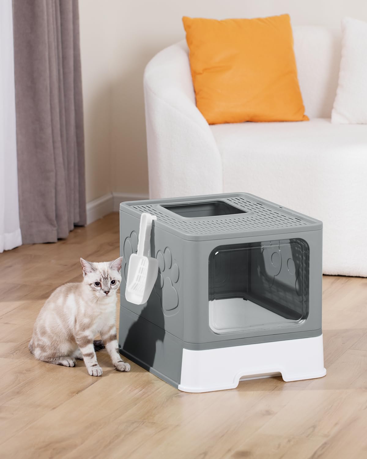 Enclosed Cat Litter Box for Large Cats - Odor Control Covered Kitty Litter Box with Lid & Scoop, Top Entry Design, Easy to Clean (Grey) - Perfect for Home, Apartment & Multi-Cat Households