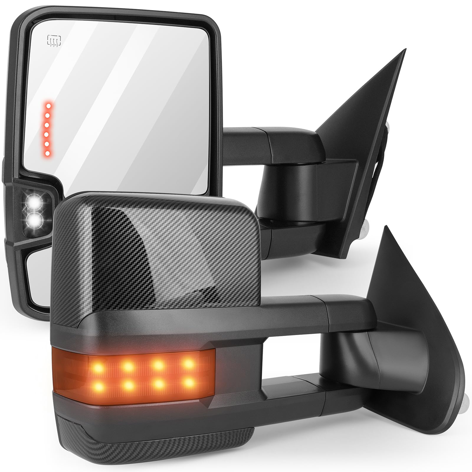 SCITOO Power Heated Towing Mirrors with Turn Signal & Width Light - Replacement for 2014-2020 Chevy Silverado & GMC Sierra Trucks (LH/RH, Imitation Carbon Fiber Capping) - Perfect for Towing, Off-Roading & Enhanced Visibility