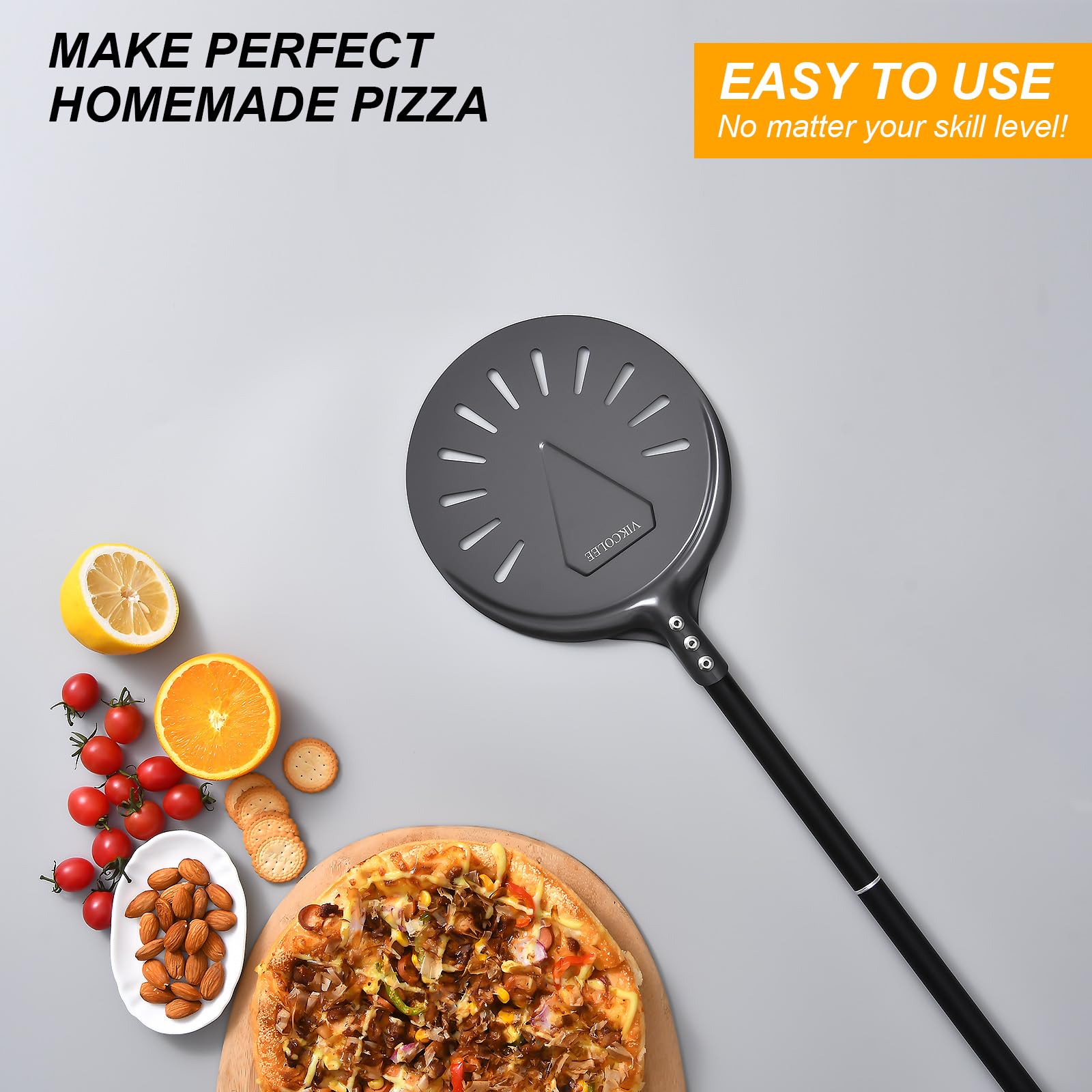 8 Inch Round Turning Pizza Peel with 25 Inch Handle - Professional Anodized Aluminum Pizza Spatula (33 Inch Overall) - Perfect for Home Kitchens, Pizzerias & Outdoor Pizza Ovens