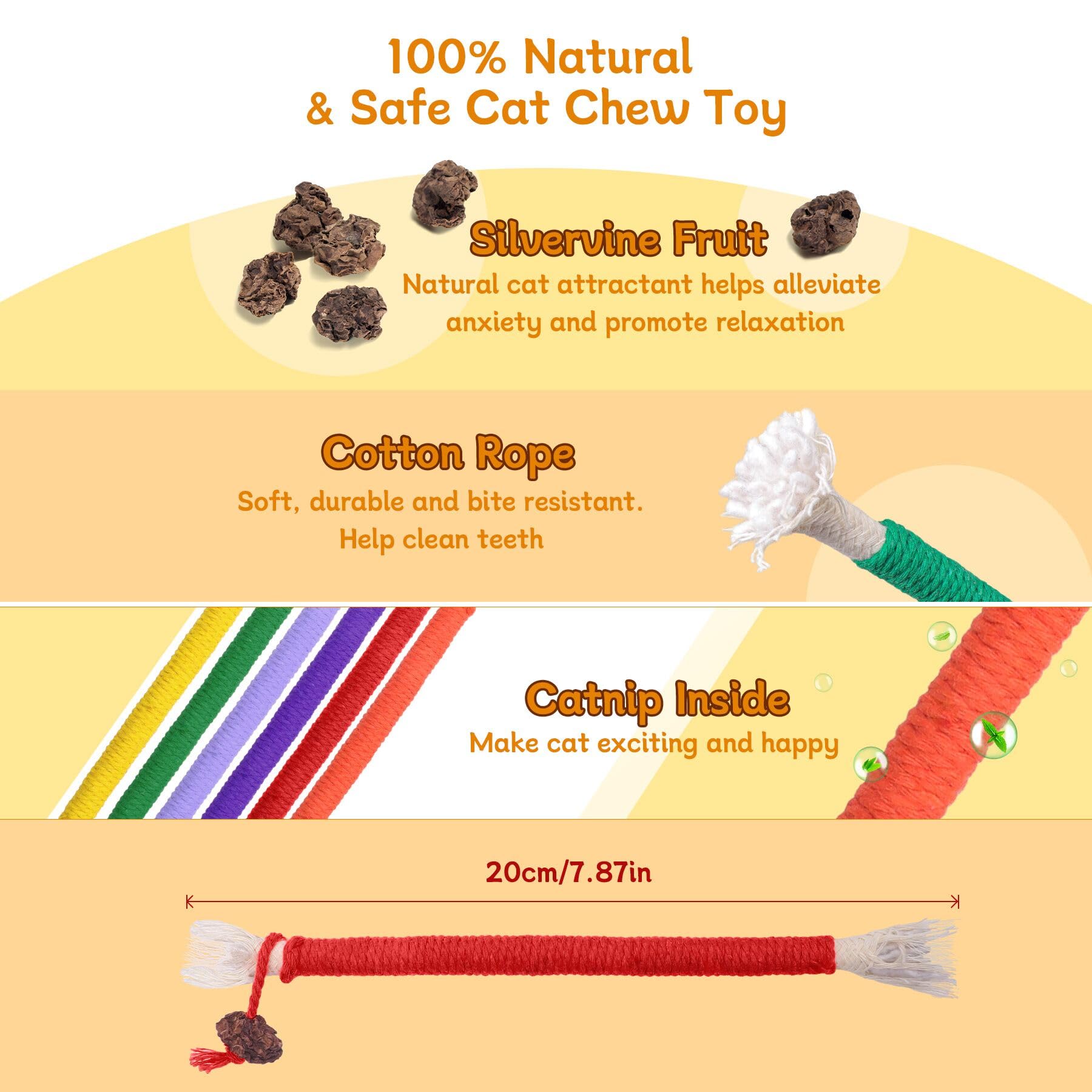 SEVENKA 6 Pack Silvervine Cat Toys for Teeth Cleaning - 7.87in/20cm Catnip Chew Toys, Interactive Kitten Toys for Indoor Cats - Perfect for Playtime & Dental Health