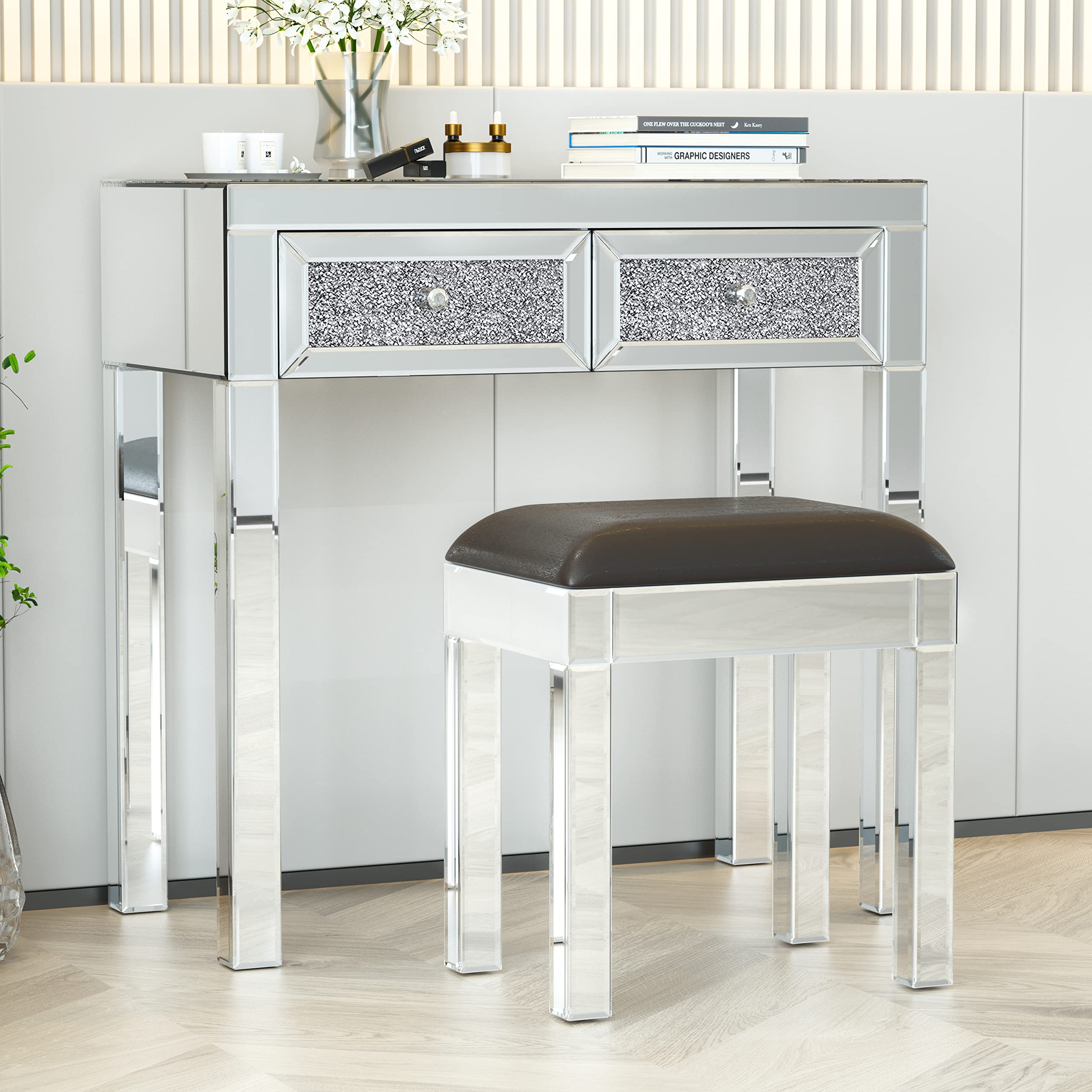 Yoglad Mirrored Night Stand with 3 Drawers - Silver Crystal Diamond Bedside Table for Bedroom, Storage Cabinet with Vanity Stool - Perfect for Small Spaces, Guest Rooms & Modern Bedroom Decor