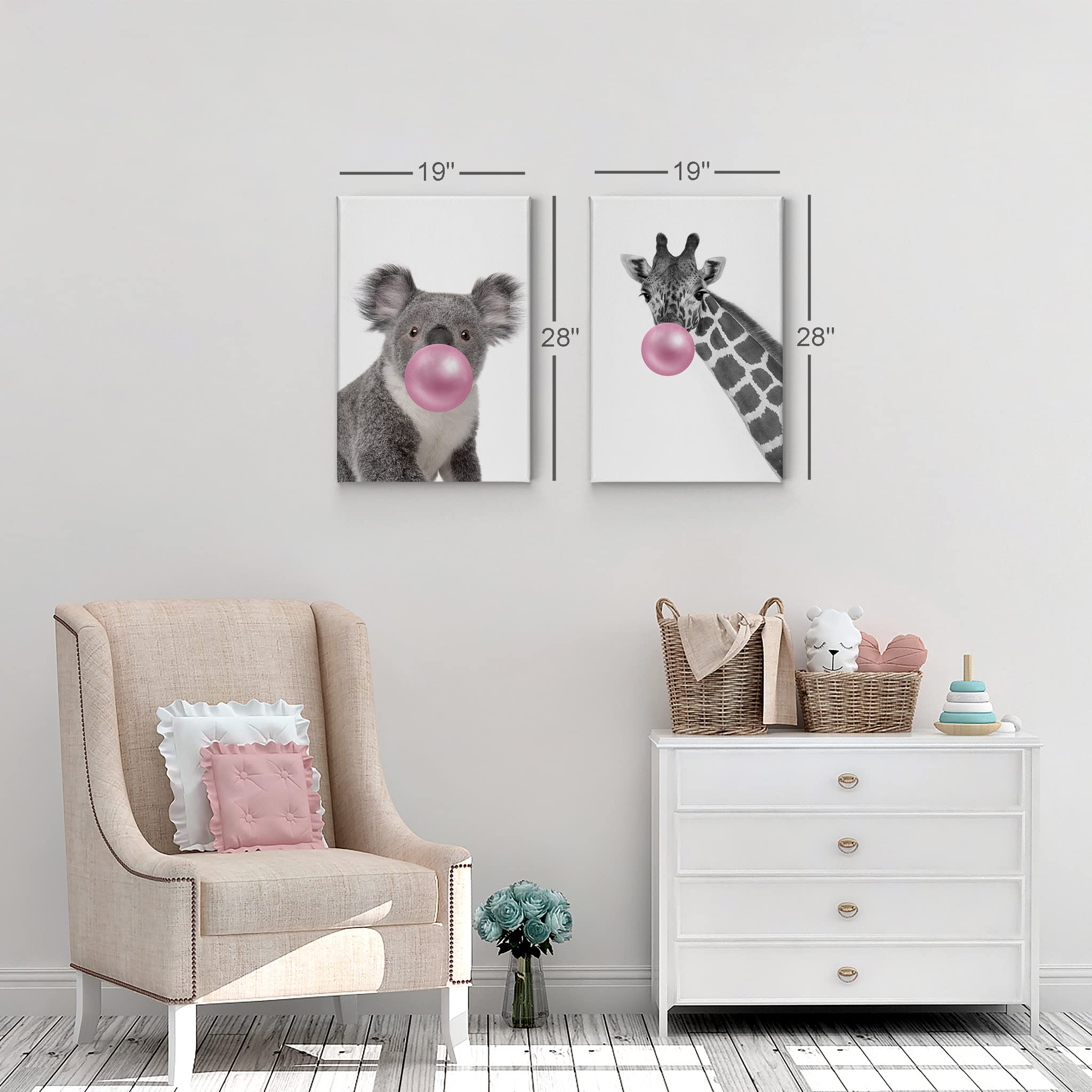 Koala and Giraffe Bubble Gum Art Canvas Print Set - 2 Panel Pink Gum Black & White Wall Decor for Nursery, Baby Room, Kids Bedroom | Ready to Hang Made in USA (28x19 inches) | Perfect for Animal-Themed Children's Rooms and Playful Home Decor