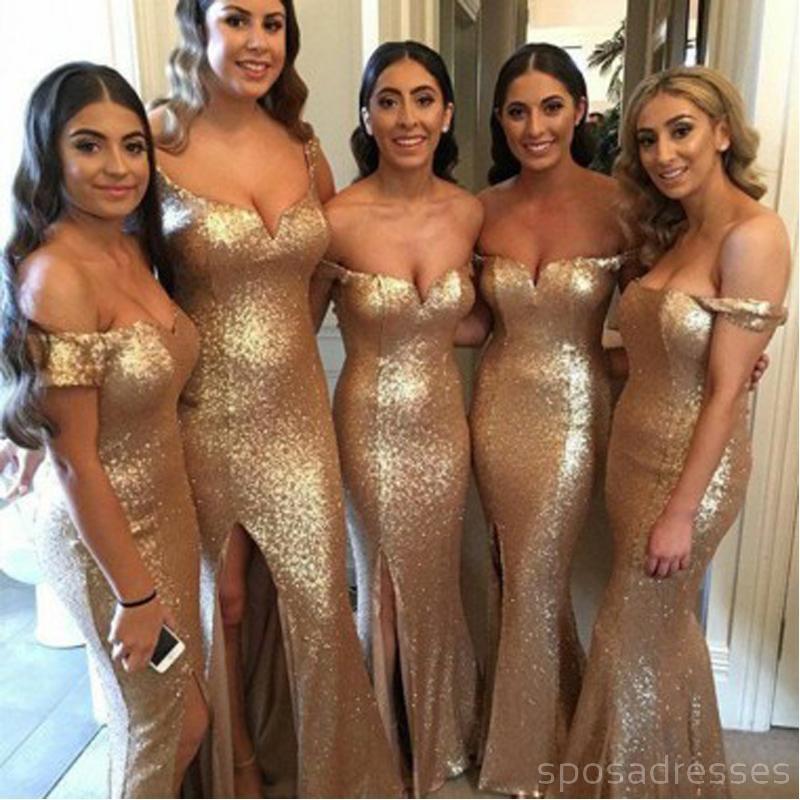 Elegant Gold Bridesmaid Dresses with Sexy Side Slit & Off-Shoulder Design - Perfect for Weddings, Parties & Special Occasions - WG326