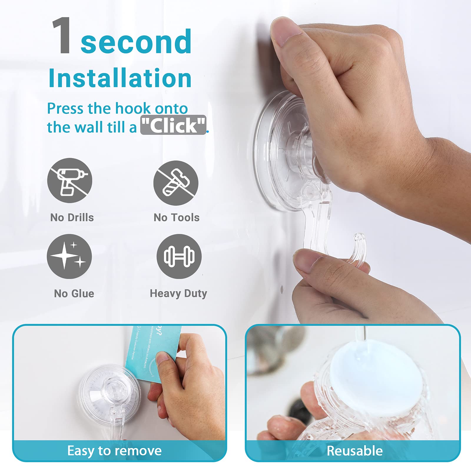 Elegear 4-Pack Heavy Duty Shower Hooks - 11 lb Capacity, Reusable Waterproof Suction Cup Hooks for Bathroom, Kitchen & Window - Perfect for Loofah, Wreaths, Towels & Organizing Shower Accessories