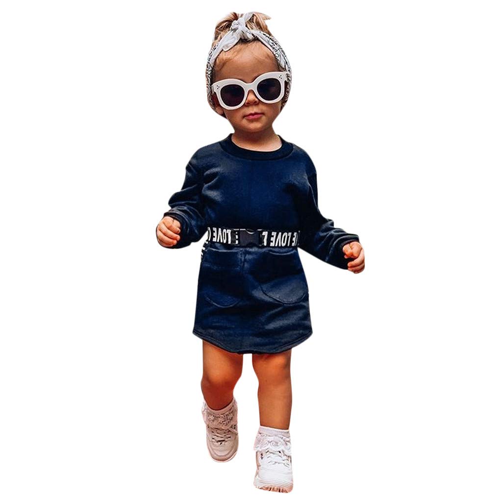 Toddler Girls Casual Shirt Dress - Long Sleeve Letter Print Pocket Belt Princess Outfit Set | Cute Baby Girl Clothes for Playdates, Parties & Everyday Wear