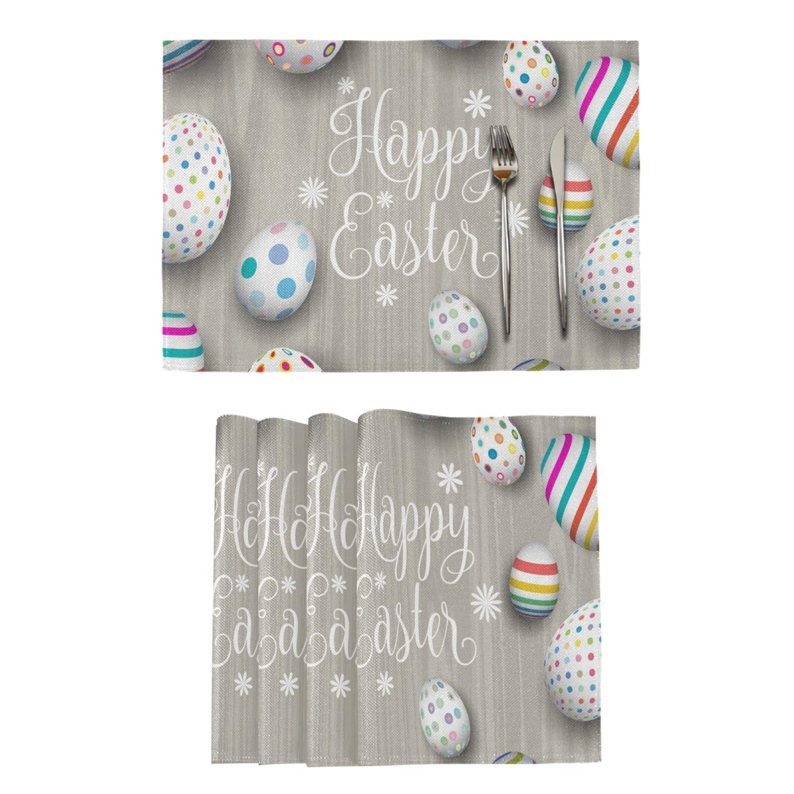 Easter Placemats Set of 6 - Washable Wooden Easter Egg Table Mats for Dining & Kitchen - 12